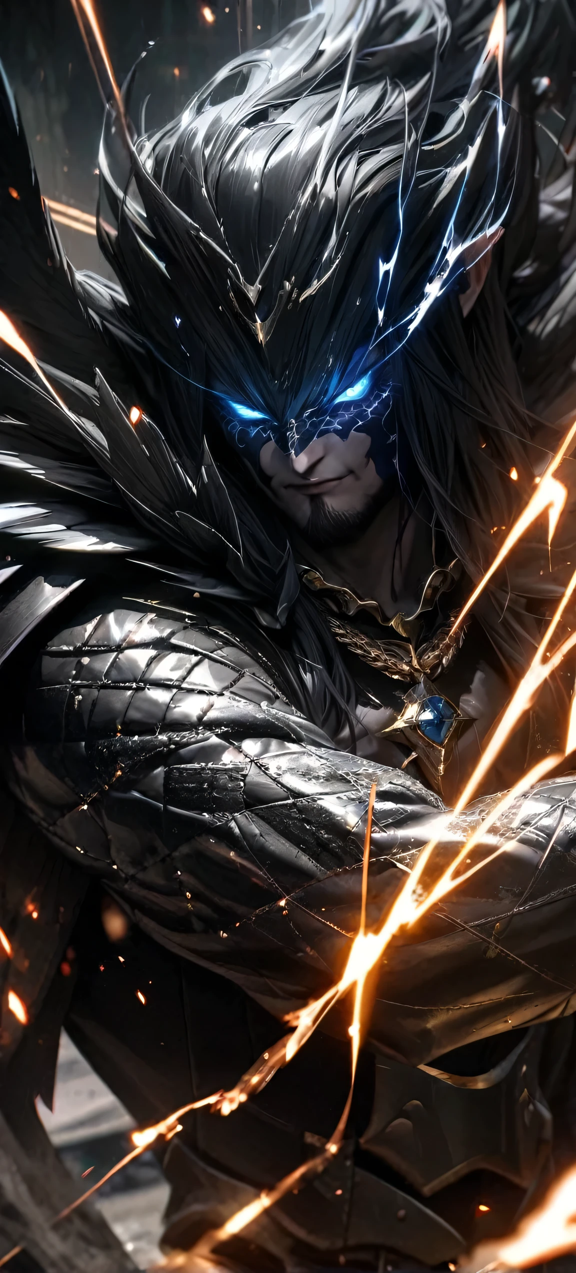 High quality, ultra realistic,absurdres, highres, ultra detailed, HDR, masterpiece, extremely detailed face and eyes, Sagitarius Seiya, Saint Saiya , Dark Armor, solo, ,man, handsome, beard ,white eyeleshes, black eyes , villain expresion, black splashing effect, dark black lightning effect,glowing glitters , symetrical , black aura, black wings