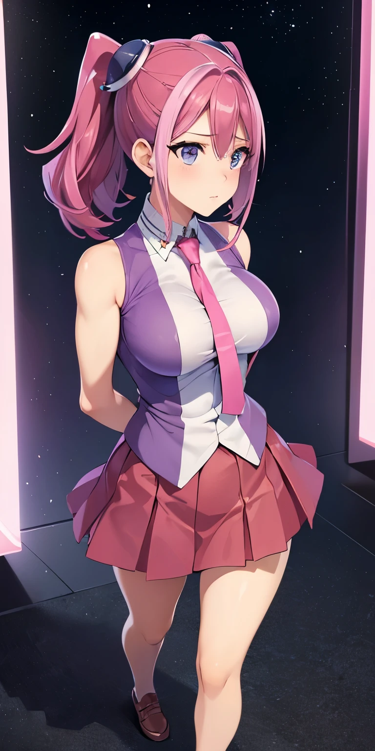 masterpiece, best quality, ultra-detailed, illustration,masterpiece, 8k,Best quality, high resolution, high resolution, hy1, hair ornament, multicolored hair, necktie, skirt, sleeveless, , pink skirt, tight skirt,miniskirt, jewelry ,beautiful detailed eyes, looking at viewer in a seductive look, close up, (breast focus), (arms behind back:1.2), tight clothes ,(from above:1.1), medium sized breasts ,attempt to seductive,blush,(wide thighs:1.3), moonlight,sky, ((full body)), pink snickers , multicolored hair , detailed face, detailed body,(profile view),8k, detailed face