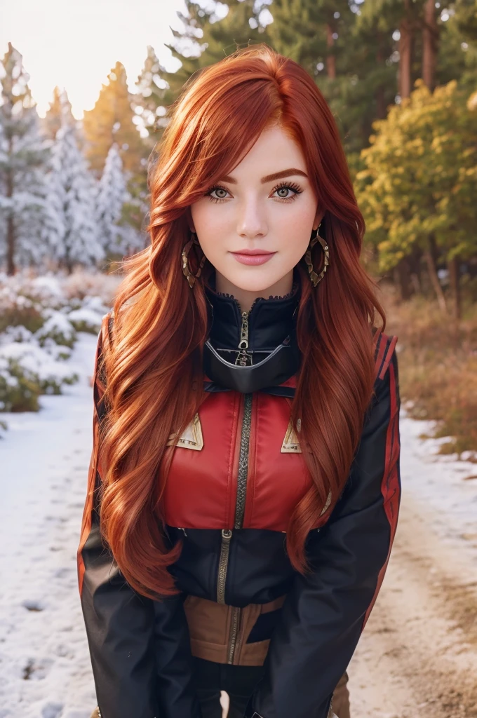 Realistic 3 redhead girl, medium-big bust, in selfie mode for Instagram dressed with winter clothes Snapchat influencer Full photo standing and happy in the nature, Mavuika from Genshin Impact,