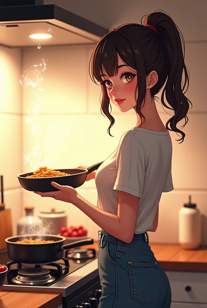 A beautiful woman is cooking in the kitchen, holding a pan and gracefully standing next to an electric stove with food on it. The scene captures her elegant movements as she wears casual attire, adding character details to create a lively atmosphere. This illustration combines anime style with digital art techniques, showcasing a delightful composition of light tones and soft lighting, with a focus on the face.