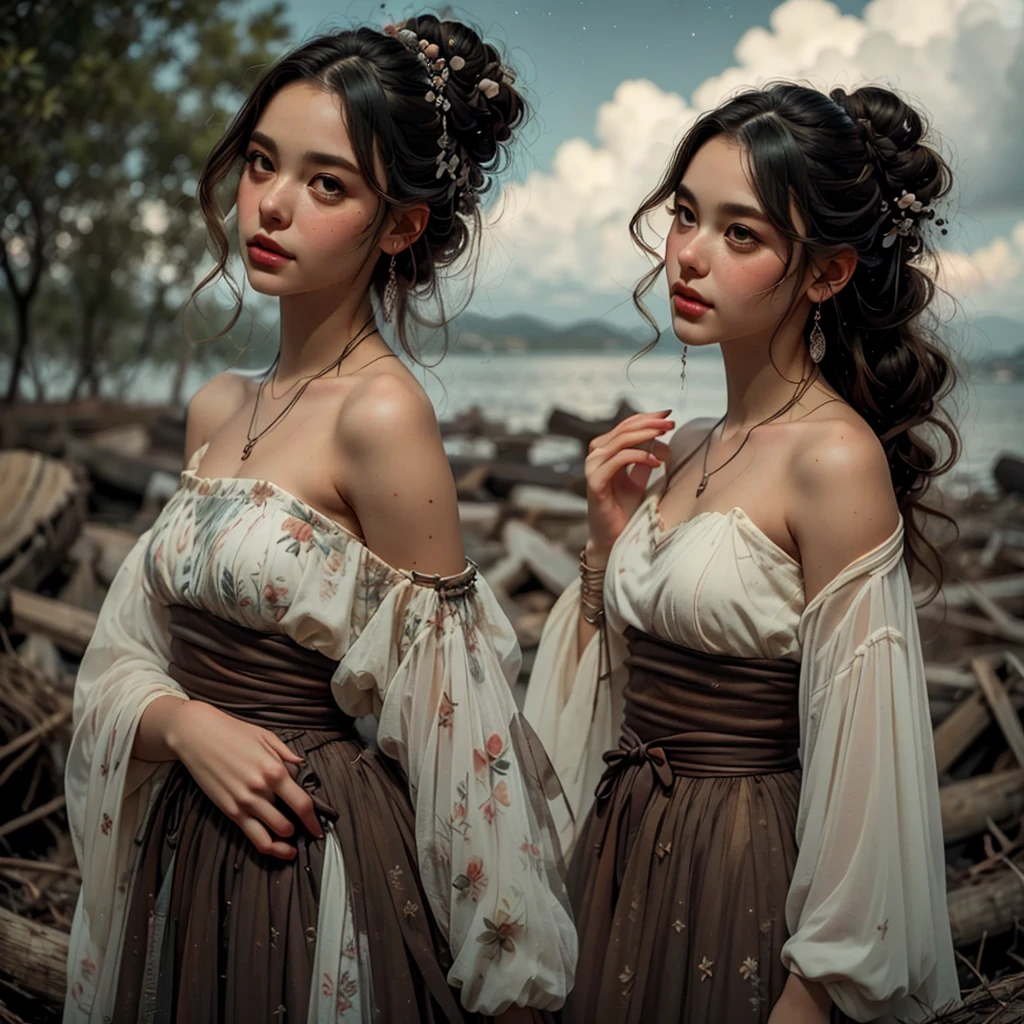 8 K, top quality, masterpiece:1.2), (realistic, photo-realistic:1.37), top quality, masterpiece, Beautiful young woman, thoughtful expression, thoughtful look, elegantly dressed, Hair tied back, Dirty mood, cinematic background, tired, light skin tone