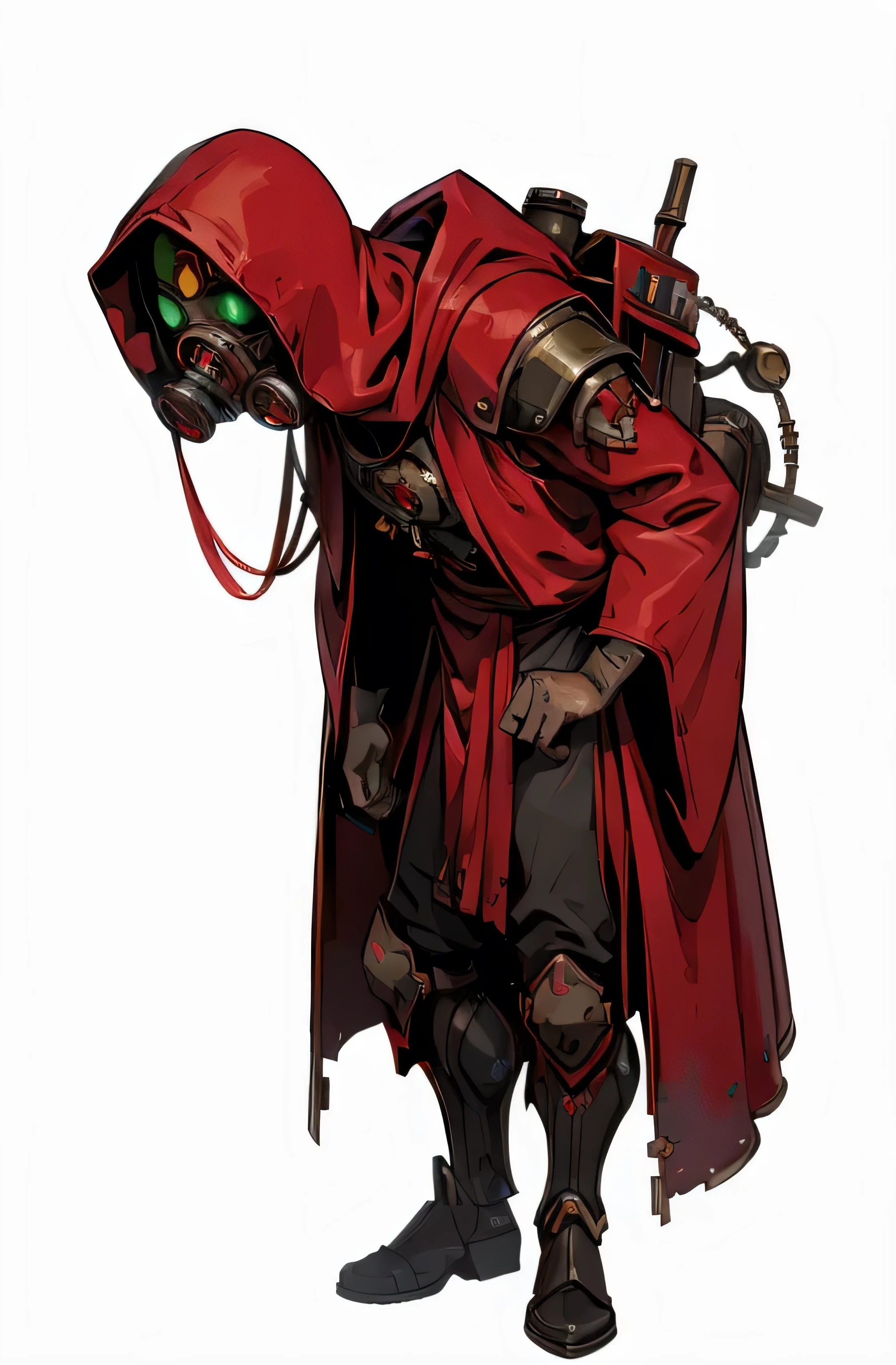 (((disfigured hunchback))), in adeptus mechanicus priest, priest robes, long robe, washed up red flowing modest ornate hooded techno-priest robes, half-face gas mask, mechanical green eyes, cogs, rust, dirty red robes, asymetrical body, respirator, massive backpak, 8k, lot of detail, grimdark, MechanicusStyleAI, male, (upper body portrait), (frontal view, plain white background, standing, hunched over), hunchback, ugly, bent over