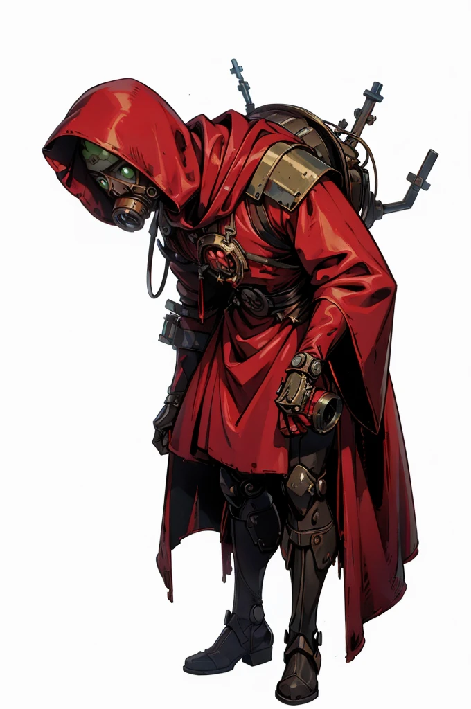 (((disfigured hunchback))), in adeptus mechanicus priest, priest robes, long robe, washed up red flowing modest ornate hooded techno-priest robes, half-face gas mask, mechanical green eyes, cogs, rust, dirty red robes, asymetrical body, respirator, massive backpak, 8k, lot of detail, grimdark, MechanicusStyleAI, male, (upper body portrait), (frontal view, plain white background, standing, hunched over), hunchback, ugly, bent over