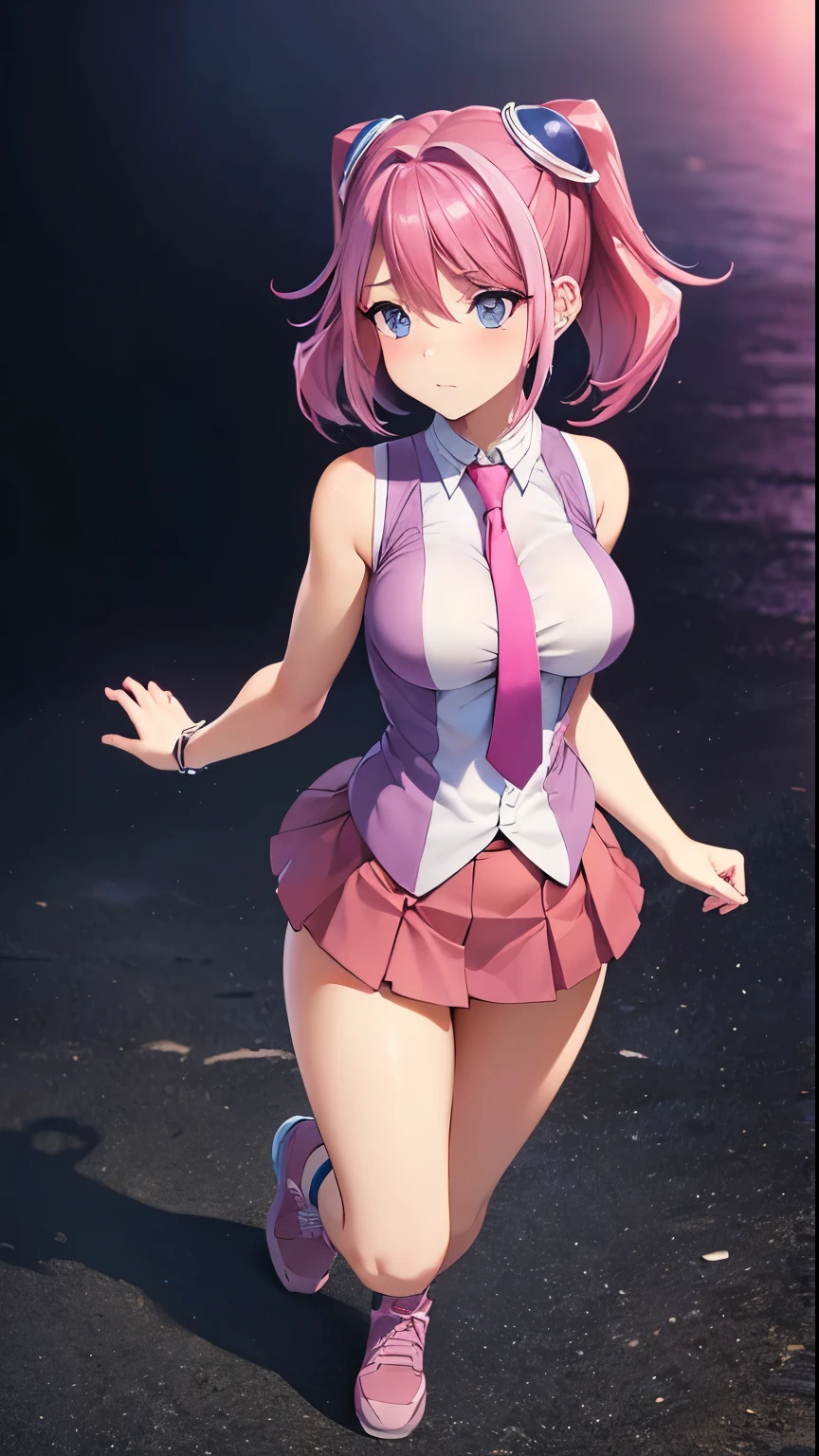masterpiece, best quality, ultra-detailed, illustration,masterpiece, 8k,Best quality, high resolution, high resolution, hy1, hair ornament, multicolored hair, necktie, skirt, sleeveless, , pink skirt, tight skirt,miniskirt, jewelry ,beautiful detailed eyes, looking at viewer in a seductive look, close up, (breast focus), (arms behind back:1.2), tight clothes ,(from above:1.1), medium sized breasts ,attempt to seductive,blush,(wide thighs:1.3), moonlight,sky, ((full body)), pink snickers , multicolored hair ,( detailed face), detailed body,(profile view),8k