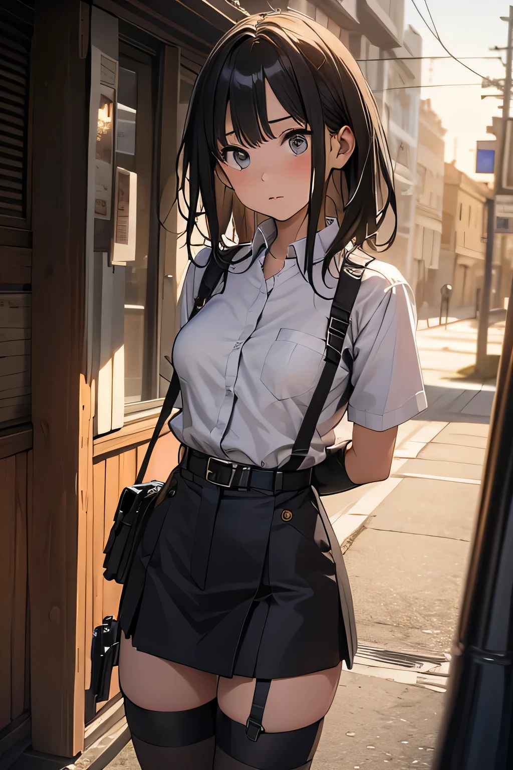 high quality, masterpiece, Ultra-high resolution, (Realism: 1.4), Oil painting style, Cinema Lighting, , I stood on the empty asphalt road and looked at it.., And suspenders with flying cranes Large Breasts Small face holster Lying in bed look up Sweat belt buzzer 脇Sweat Black Hole Gloves suit mini skirt garterbelt Leg Links Belt on trousers holster fold your hands behind your back Anxious expression look up Anxious face Knee-length Knee socks Knee-length socks garter belt garter Garterbelt on thighs, hands behind back Constraints handcuffs Cable ties Cable ties on thumbs