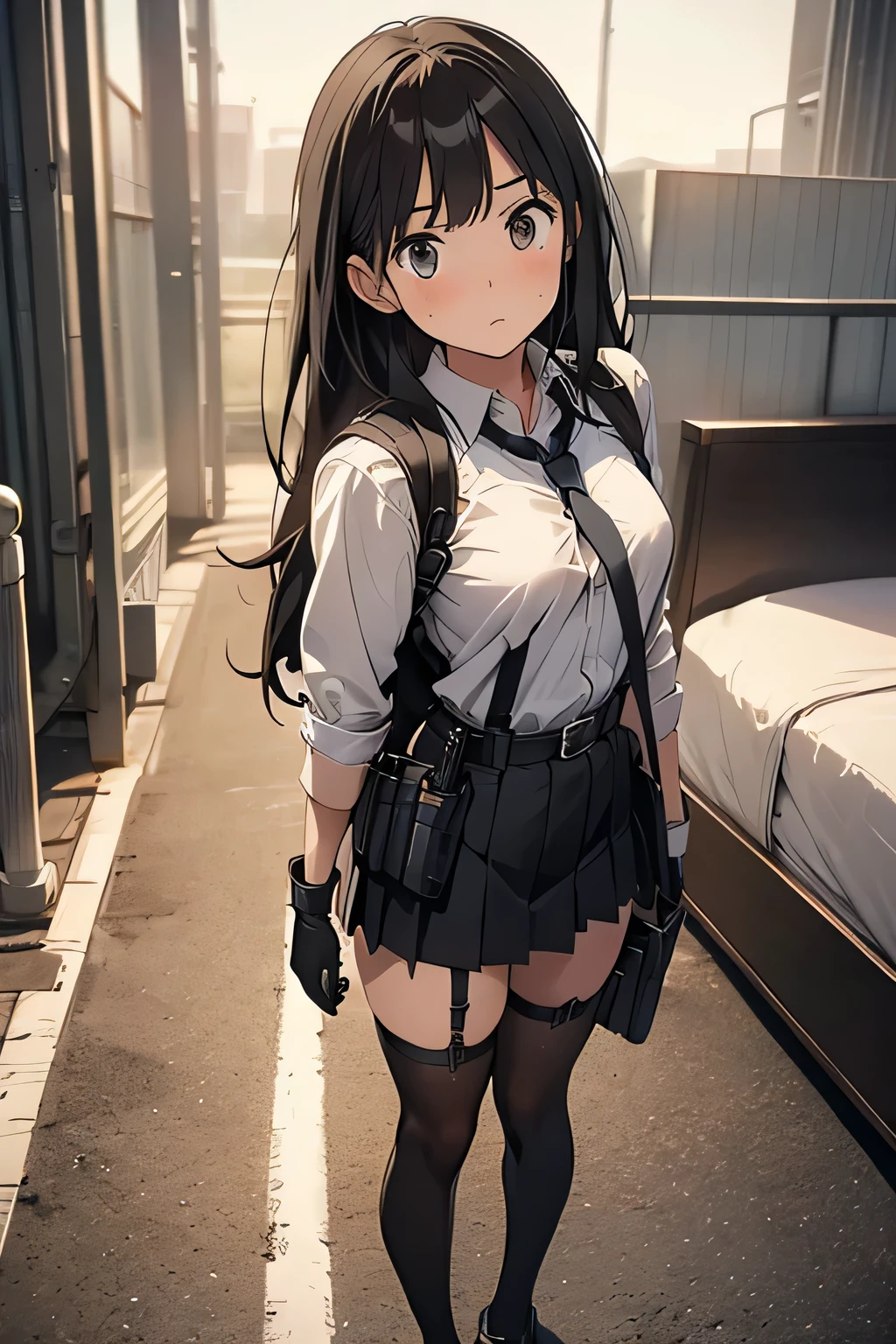 high quality, masterpiece, Ultra-high resolution, (Realism: 1.4), Oil painting style, Cinema Lighting, , I stood on the empty asphalt road and looked at it.., And suspenders with flying cranes Large Breasts Small face holster Lying in bed look up Sweat belt buzzer 脇Sweat Black Hole Gloves suit mini skirt garterbelt Leg Links Belt on trousers holster fold your hands behind your back Anxious expression look up Anxious face Knee-length Knee socks Knee-length socks garter belt garter Garterbelt on thighs, hands behind back Constraints handcuffs Cable ties Cable ties on thumbs
