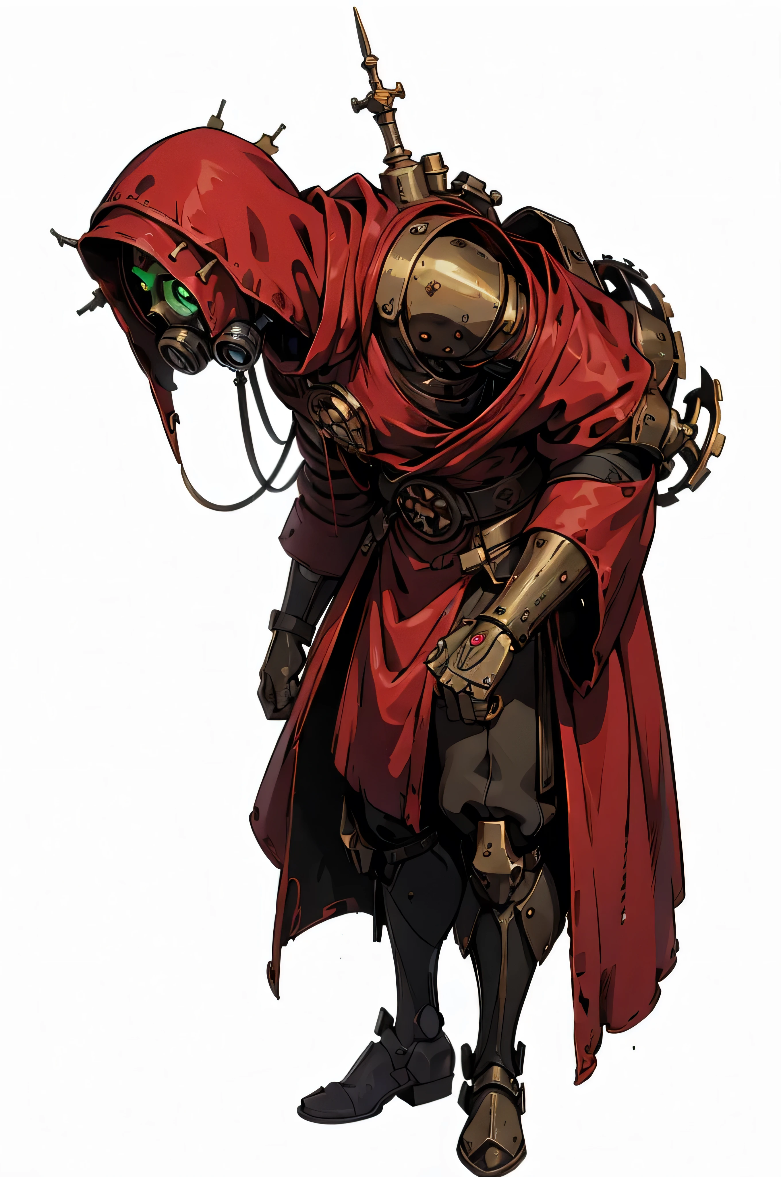 (((disfigured hunchback))), in adeptus mechanicus priest, priest robes, long robe, washed up red flowing modest ornate hooded techno-priest robes, half-face gas mask, mechanical green eyes, cogs, rust, dirty red robes, asymetrical body, respirator, massive backpak, 8k, lot of detail, grimdark, MechanicusStyleAI, male, (upper body portrait), (frontal view, plain white background, standing, hunched over), hunchback, ugly, bent over