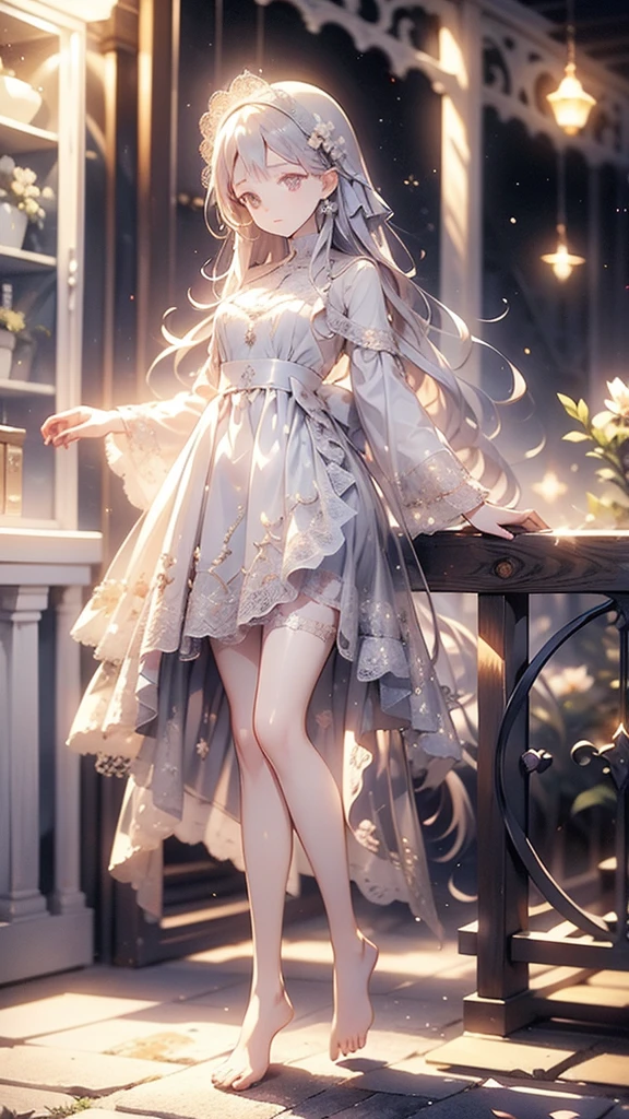 Highest quality, high detail, High definition, Detailed Background ,whole body, Beautiful girl in pale colors, Gorgeous princess dress, barefoot, flower, garden, gardenに多くのflower, star, night, Particles of light, Pale Tone Color, Lens flare, Depth of written boundary, Bokeh