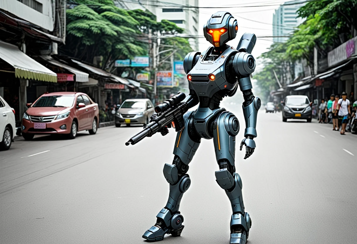 A female battle bot with a gun, she is patrolling the streets of bangkok