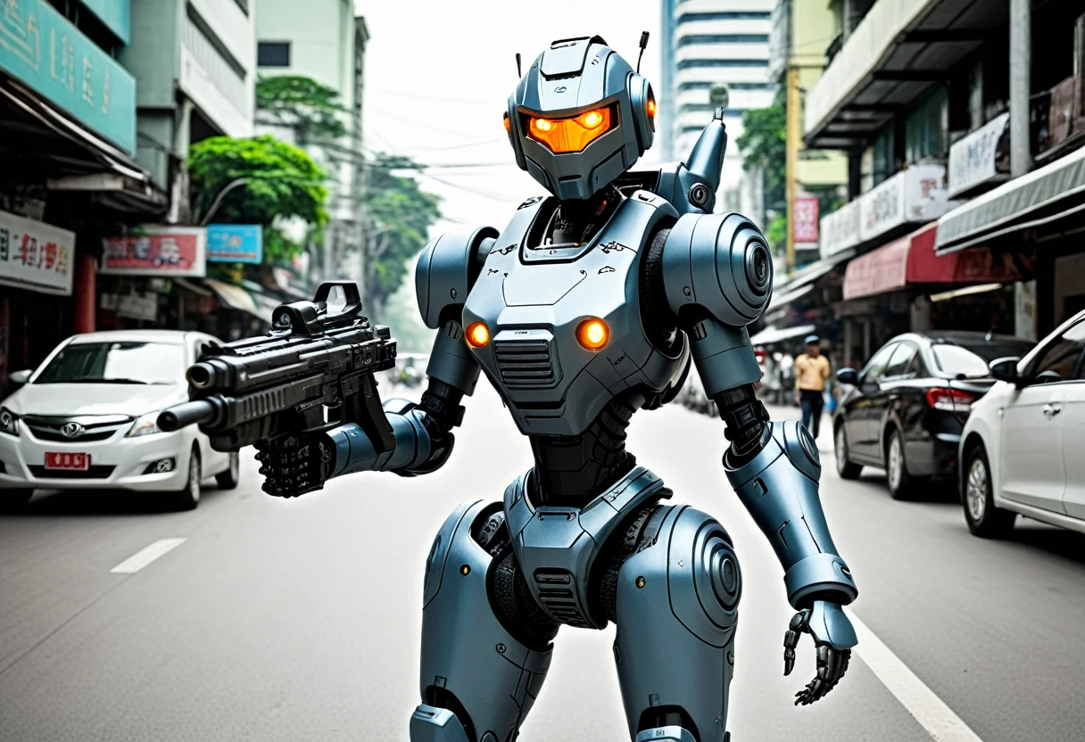 A female battle bot with a gun, she is patrolling the streets of bangkok