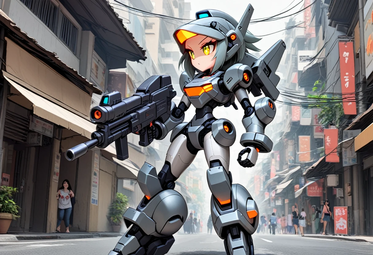 A female battle bot with a gun, she is patrolling the streets of bangkok
