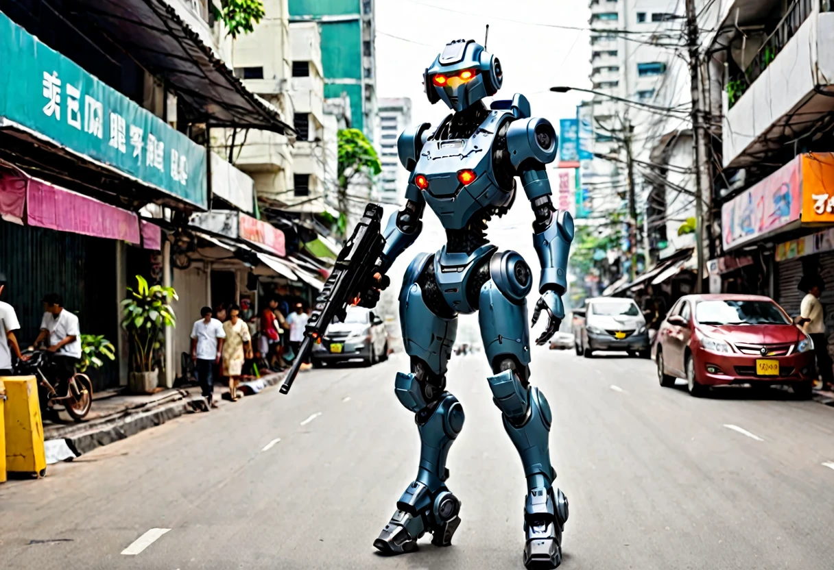 A female battle bot with a gun, she is patrolling the streets of bangkok
