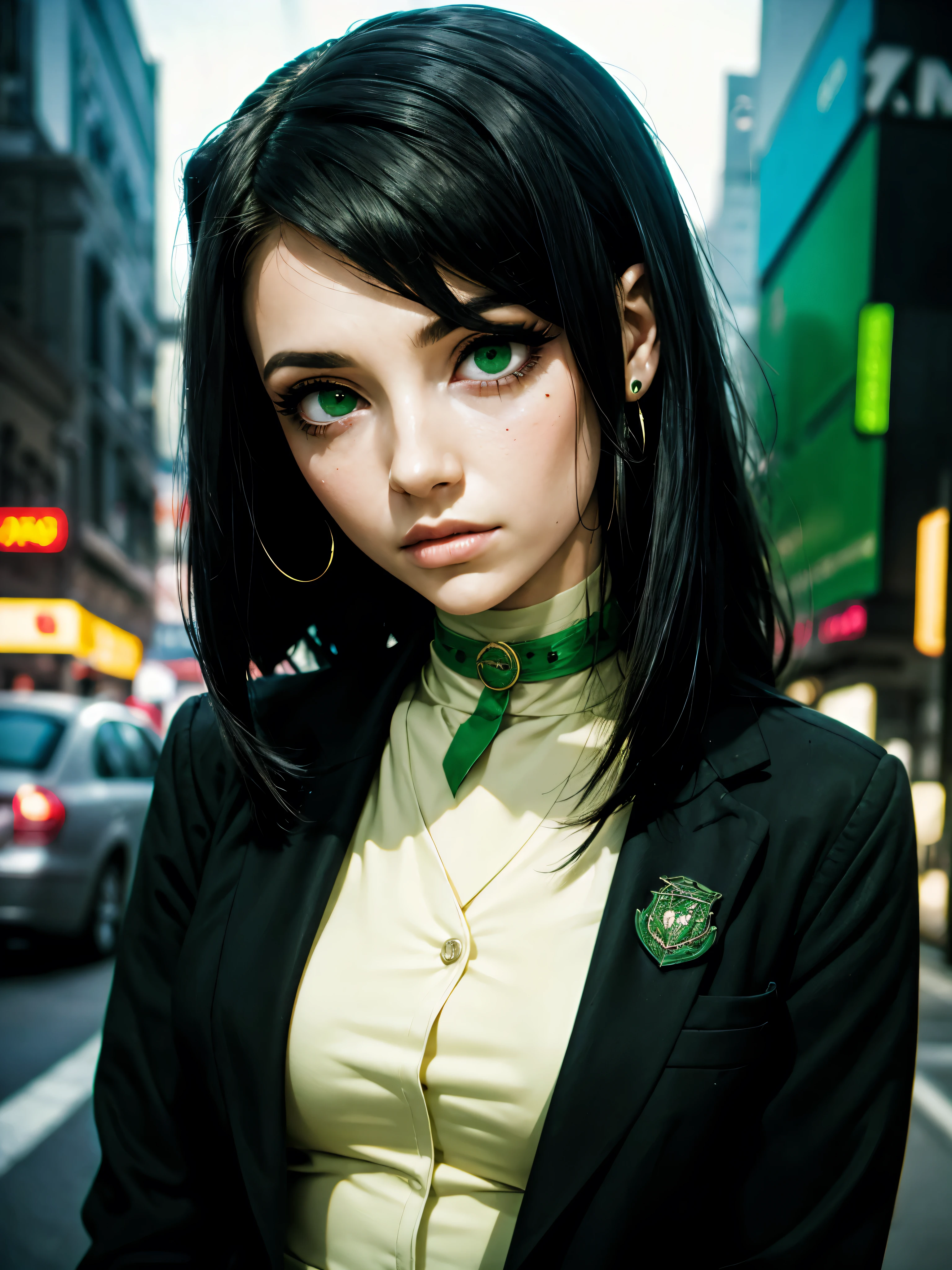 1girl, ((hair over eye)), (tight black lace blazer), tie, ((long hair)), ((straight hair)), (((black hair))), side swept bangs, white skin, pale, white, (green eye), tired expression, choker, ((dark makeup, mascara, eyeshadow)), (mole under eye), multiple piercings, best quality, 8k, cyberpunk city, neon streets, white shirt, erotic, Slytherin
