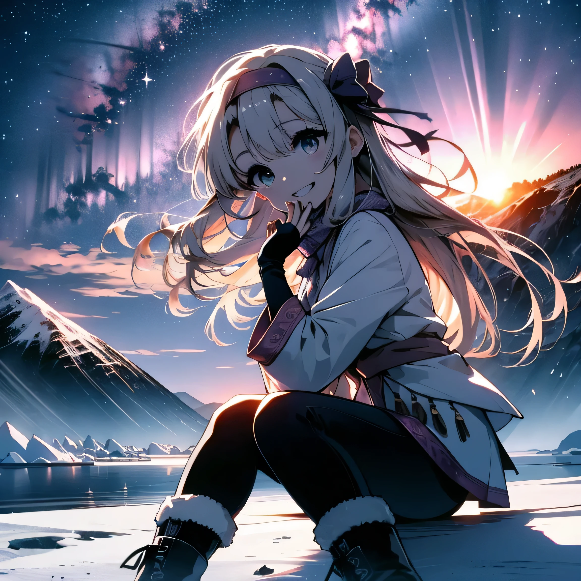 1girl, solo, sitonai, ainu clothes, long sleeves, fingerless gloves, wide sleeves, off shoulders, leggings, pretty girl, a happy smile、full body, sitting, shooting star、supernova explosion、Solar flare、Meteor、Aurora、Antarctica、Snow Scene、(penguins), Beautiful background、Beautiful Eyes、Open your mouth、Hair blowing in the wind、Friendly pose、