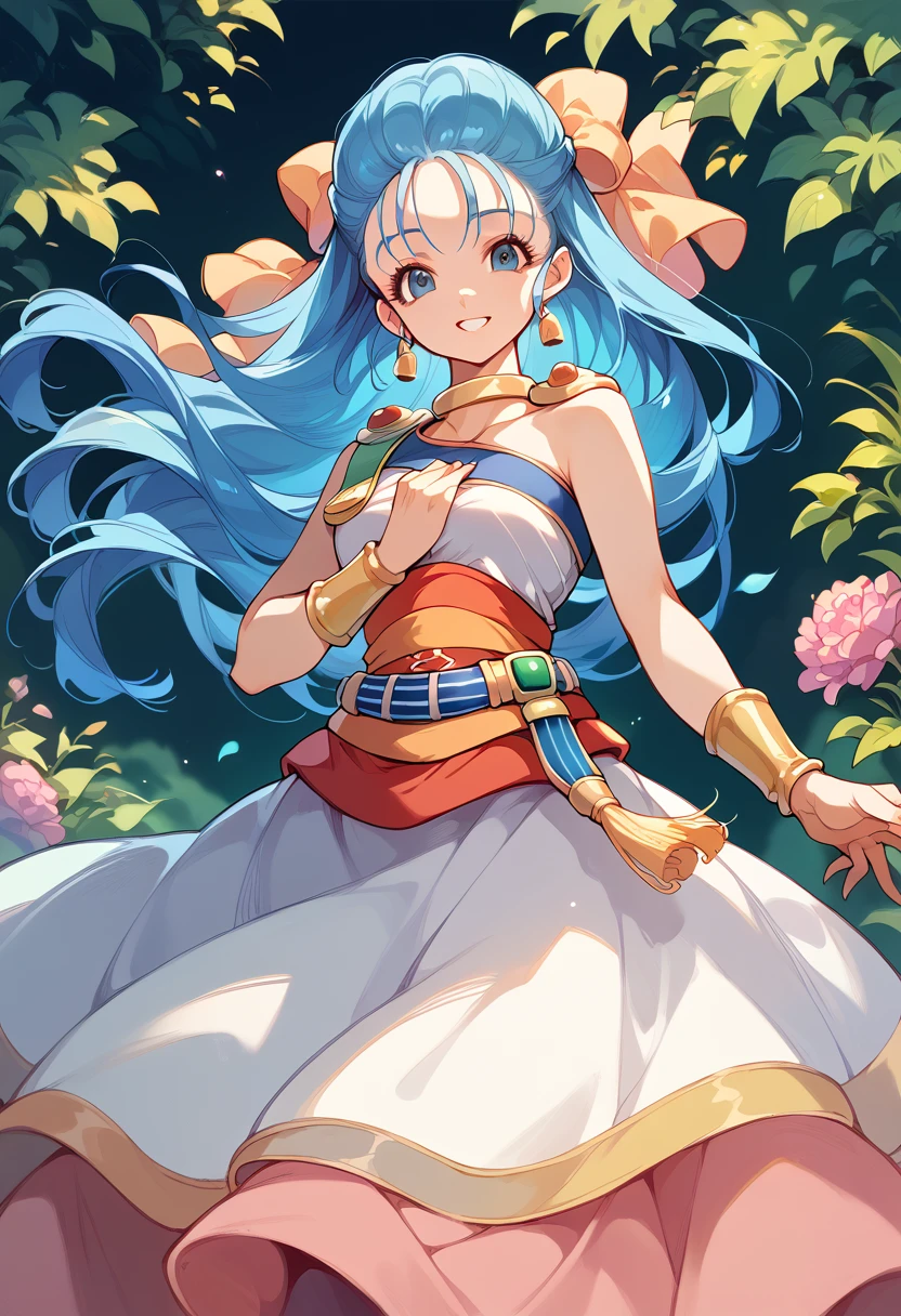 masterpiece,High resolution,Highest quality,8k
(Dragon Quest,Nera Briscoletti)
( female,Blue long hair)
(ribbon,Long dress,sash,Shoulder Bare)
smile