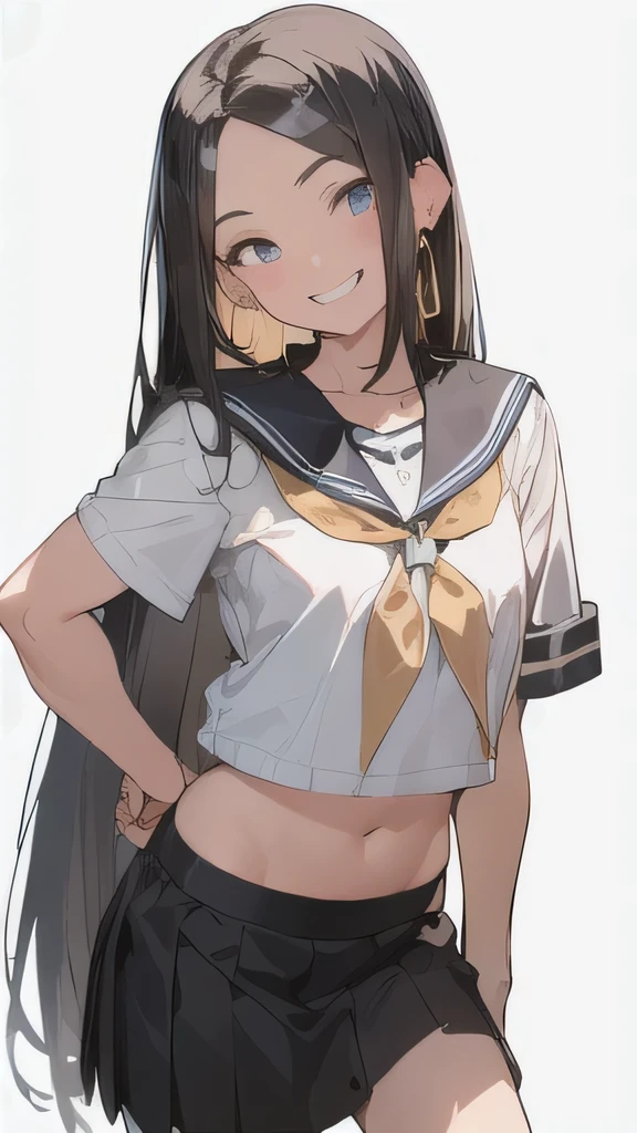 (Beautiful black hair:1.6),Long Hair,(Straight hair:2.0),Center Parting,Gorgeous big eyes,((boyish:1.8)),Dark Eyes,(tall),(scrawny),((A confident smile)),Medium Bust,high school girl,(golden circle earrings), BREAK, (Navy Blue,Cute Sailor Uniform,Checkered Pleated Skirt),navel BREAK,Cowboy Shot