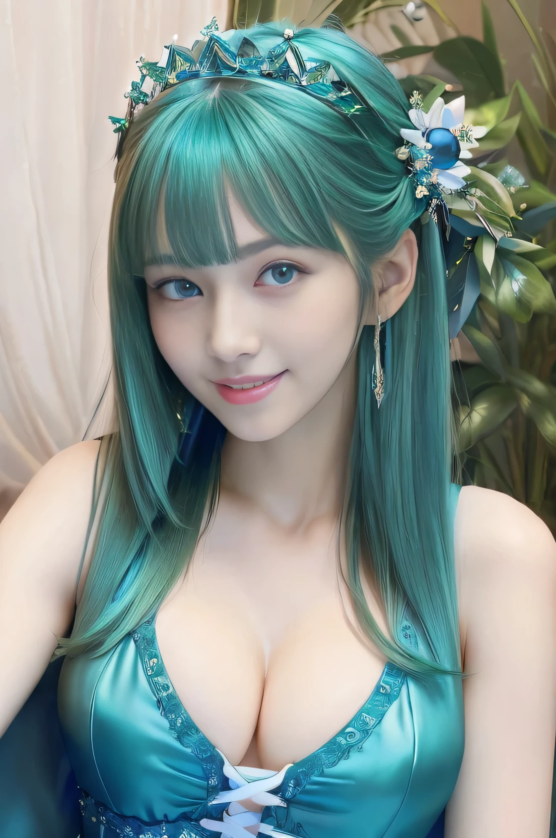 ((masterpiece、Highest quality、Ultra high definition、High resolution))、solo、Beautiful girl、Shining Eyes、Perfect Eyes、blue eyes、1、Large Bust、Green Theme、With a smiling smile、