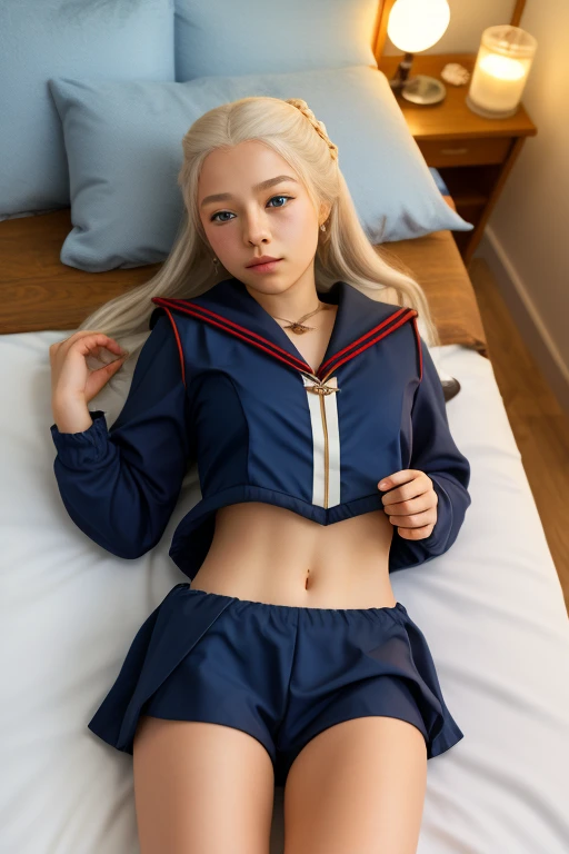 Rhaenyra Targaryen, A girl with ，little ，elementary school students，Beautiful，kawaii，very transparent，(Transparent Sailor Suit|1.2)，showing belly，bedroom，Lying on the bed，open legs,hug，