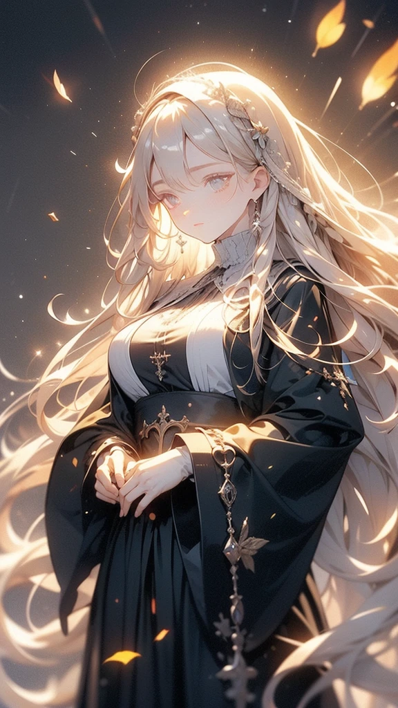 Highest quality,high detail, High definition, Detailed Background, Full body portrait, Composition from below, girl, Ample breasts, Blonde long hair, Red Eyes, ribbon, Voluminous black gothic dress, Fluttering in the wind, Keep hair down, Depth of written boundary, Bokeh, Lens flare, 