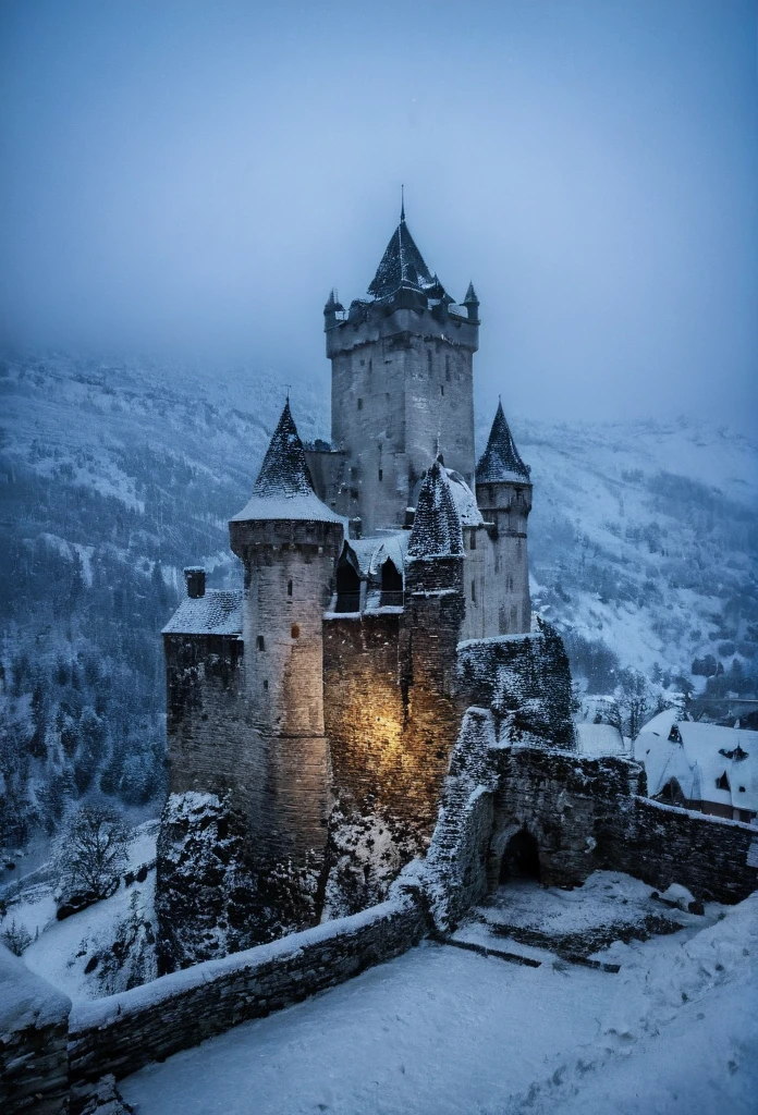 A photo of night landscape,a medieval Village castle sitting on top of a snow covered Mountain,black marble Mountain,  by Slava Raškaj,  transylvanian castle, with snow on its peak, medieval castle,haunted, Village caste,half ruined caste, half abbandoned Castle,scottish castle, Stone bridge,wooden rooftop, mist,Dracula,, eerye athmosphere,4k, realistic, analog style, film grain, 35mm,ultra