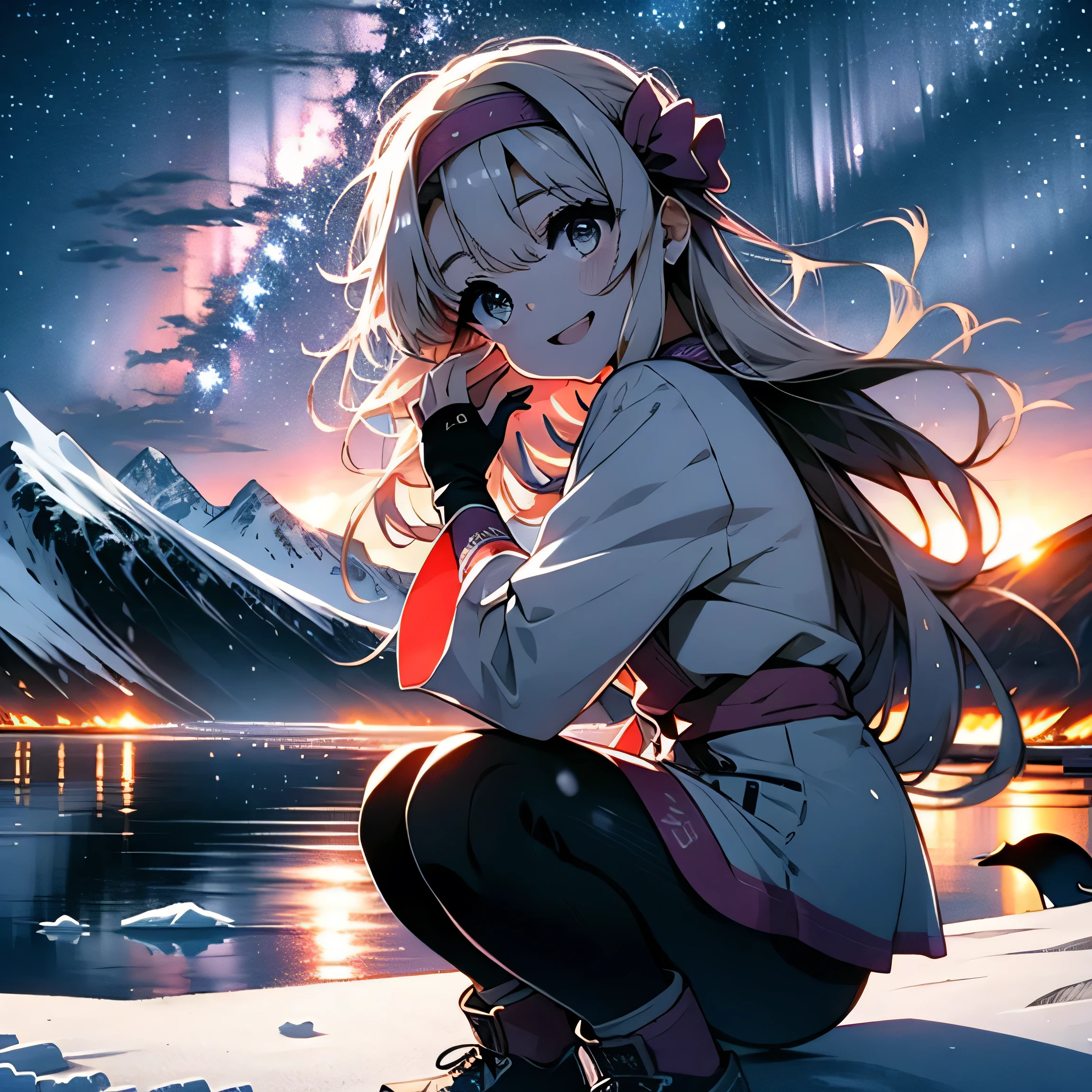 1girl, solo, sitonai, ainu clothes, long sleeves, fingerless gloves, wide sleeves, off shoulders, leggings, pretty girl, a happy smile、full body, sitting, shooting star、supernova explosion、Solar flare、Meteor、Aurora、Antarctica、Snow Scene、(penguins), Beautiful background、Beautiful Eyes、Open your mouth、Hair blowing in the wind、Friendly pose、