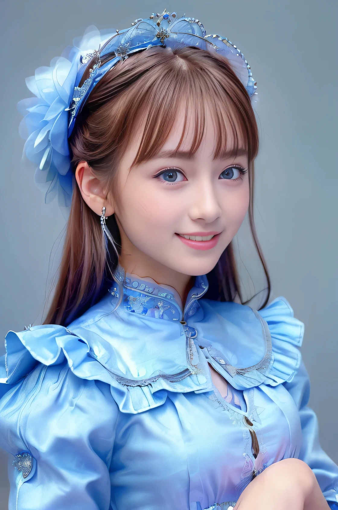 A close up of a woman wearing a blue dress and a tiable - SeaArt AI