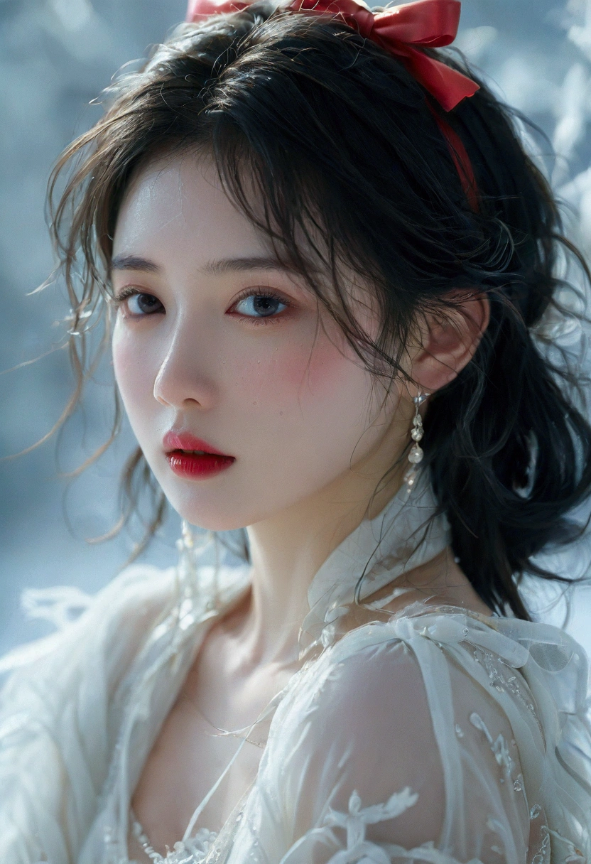 a beautiful young snow white, detailed portrait, face focus, red lips, black hair, red ribbon, pale skin, rosy cheeks, fantasy, high quality, 8k, detailed, photorealistic, glamorous, elegant, intricate, dramatic lighting, moody, cinematic, glowing skin, volumetric lighting, depth of field, realistic portrait, exquisite details, flawless