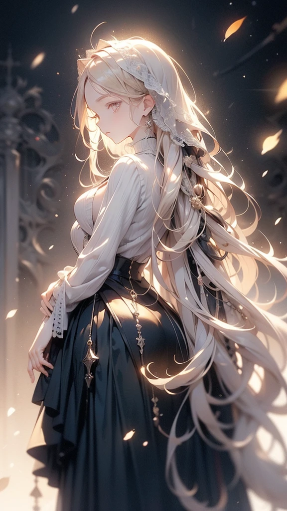 Highest quality,high detail, High definition, Detailed Background, Full body portrait, Composition from below, girl, Ample breasts, Blonde long hair, Gradient Color, Red eyes, ribbon, Black Gothic Dress, Hair blowing in the wind, Keep hair down, Strong backlighting, Depth of written boundary, Bokeh, Lens flare, 