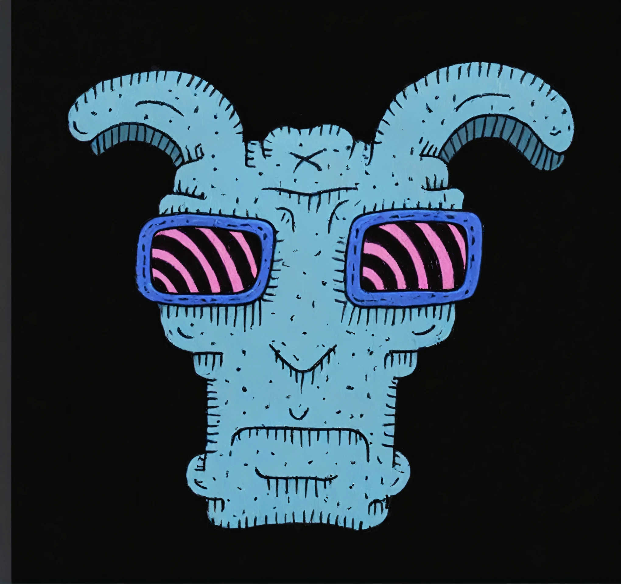 blue monster-like figure, curly horns, She wears blue sunglasses with pink stripes, serious expression, Textured skin with dots and lines, cartoon style, Black background, the character seems to look ahead, Vibrates of science fiction or fantasy, contrasting vibrant colors, focused gaze, minimalist design

