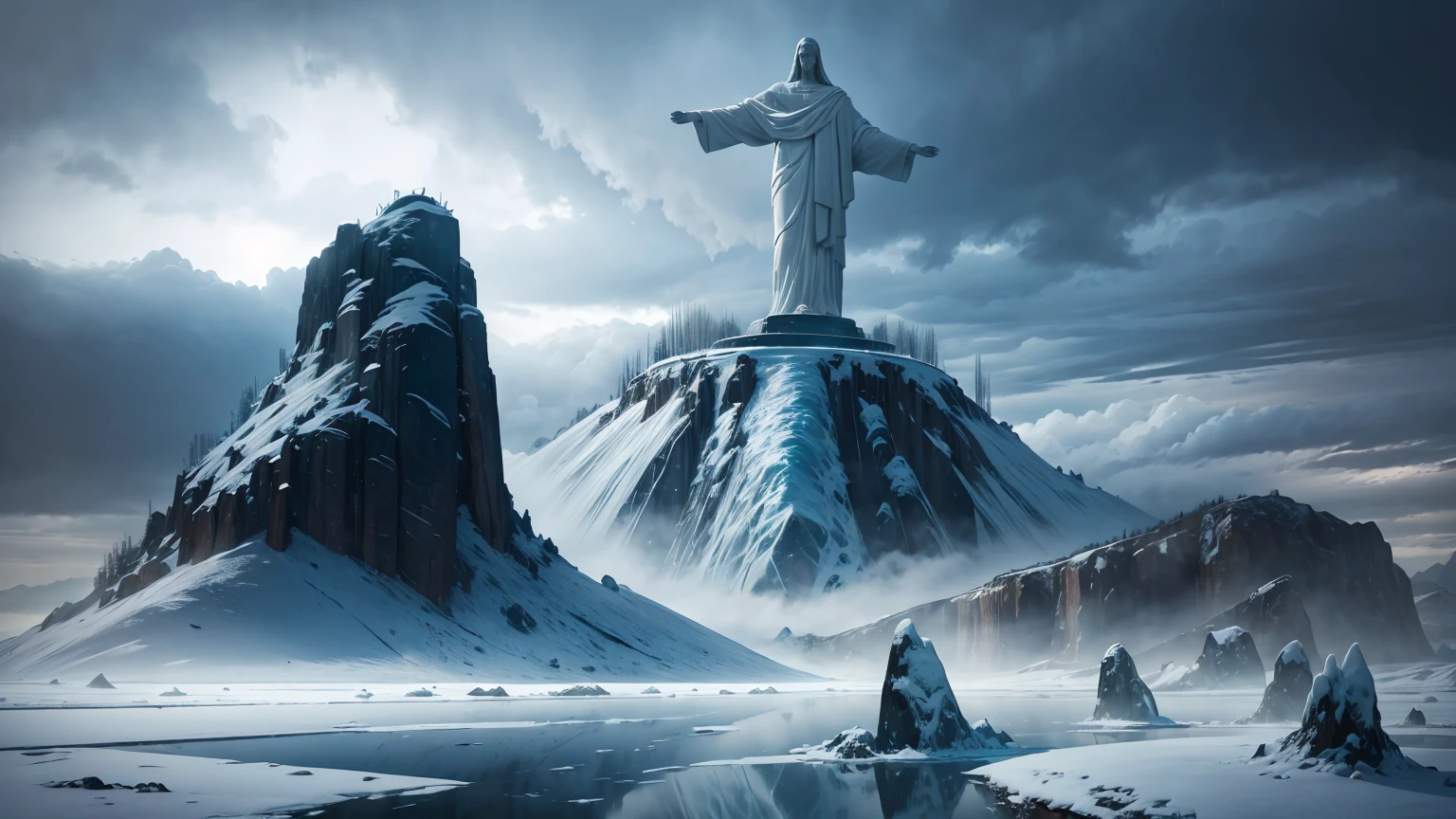 a majestic ice age apocalypse landscape with the christ the redeemer statue covered in ice, dramatic cloudy skies, frozen lake, detailed ice crystals and icicles, abandoned city in the background, desolate and frozen environment, cinematic lighting, realistic, 8k, best quality, highly detailed, photorealistic