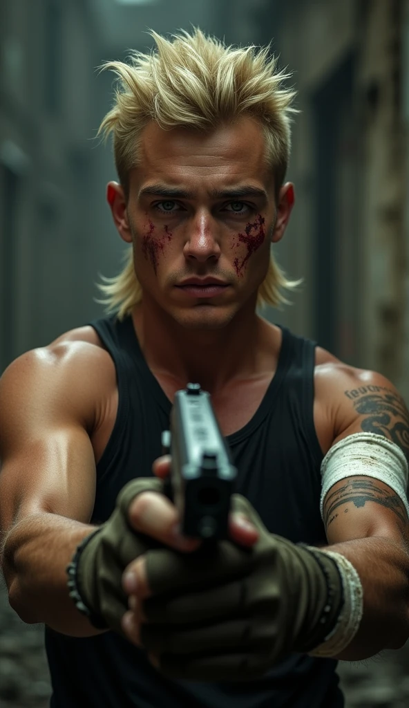 gun pointed, dark scene, fingers with glove showing the fingers like a shooter&#39;s glove and a black tank top on the body, blur of the background and striking eyes of the man with a 20-year-old face with a bandaged arm and blood on his face, blond man, corte de cabelo Mullet Haircut. beautiful young man, beautiful face and striking eyes
