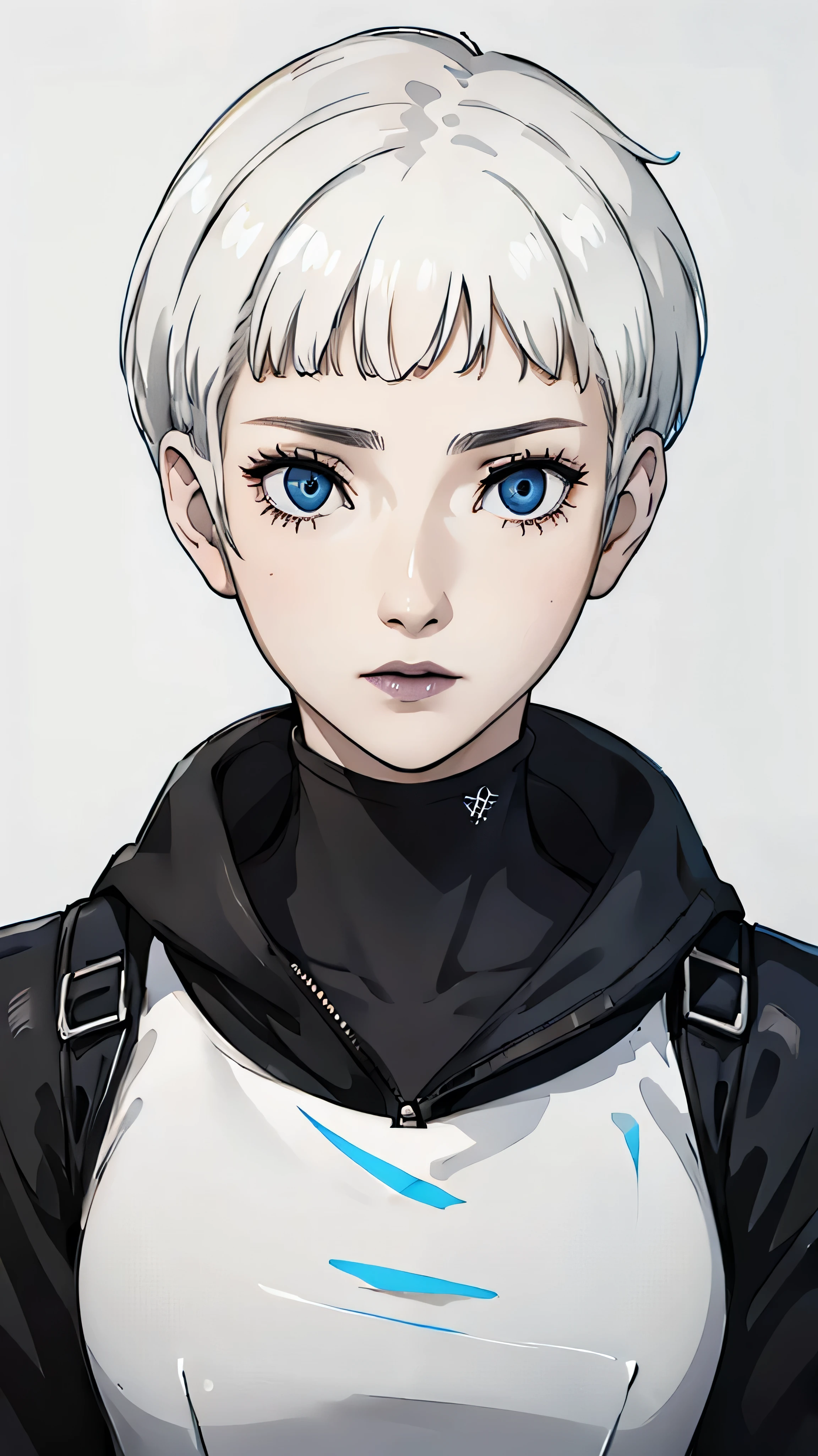 1 girl, white hair, tomboy Pixie haircut, bangs, very short hair, blue eyes, black lipstick, black choker, face portrait, black combat suit , white background, front face portrait,