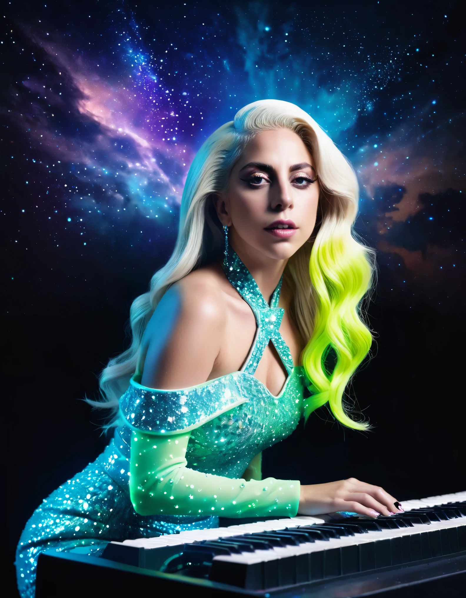 Double Exposure style of Lady Gaga blended with a night sky bright star plays a fantastic luminous fluorescent keyboard
