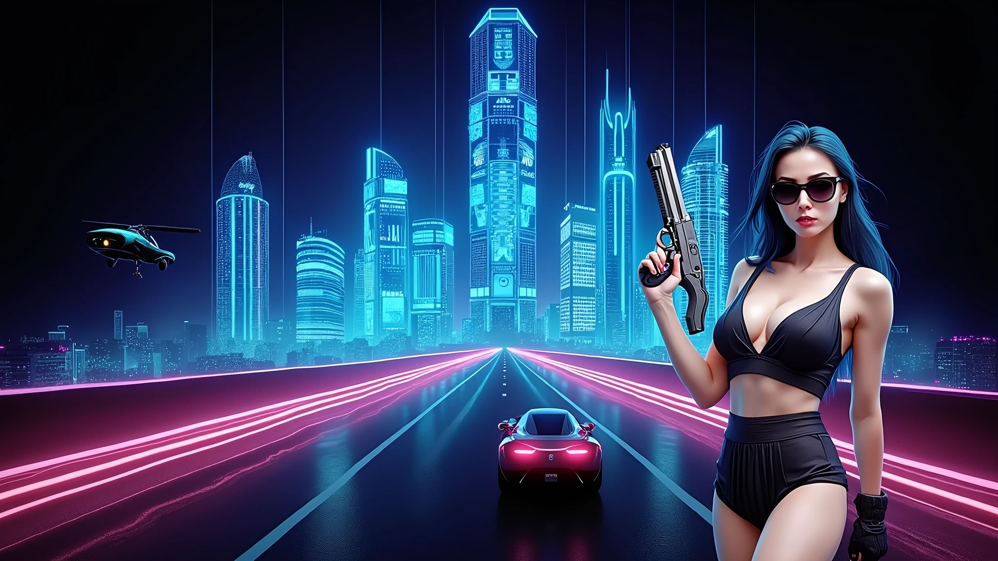 Futuristic cityscapes with colorful all-glass outlined towering skyscrapers with lightning, flying vehicle. High-resolution OLED GUI interfaces in the building, The windows are filled with transparent data visualization infographics that show it all, ancient Egyptian fantasy arts, ancient Egyptian statue, (ancient Egyptian hieroglyphics), sphinx, pyramid. Colors are saturated and vibrant. At night, (1girl, solo, alone), photorealistic, large-breast slim:0.6 body, oval:0.5 face, cleavage:1.1, very low angle view of pleated miniskirt, deep-v, (upskirt), glove, (Matrix style black micro sunglasses), (aiming viewer with a short gun), dynamic running pose, (half-body thigh level close-up shot), cinematic lighting, ray tracing, motion blur background.