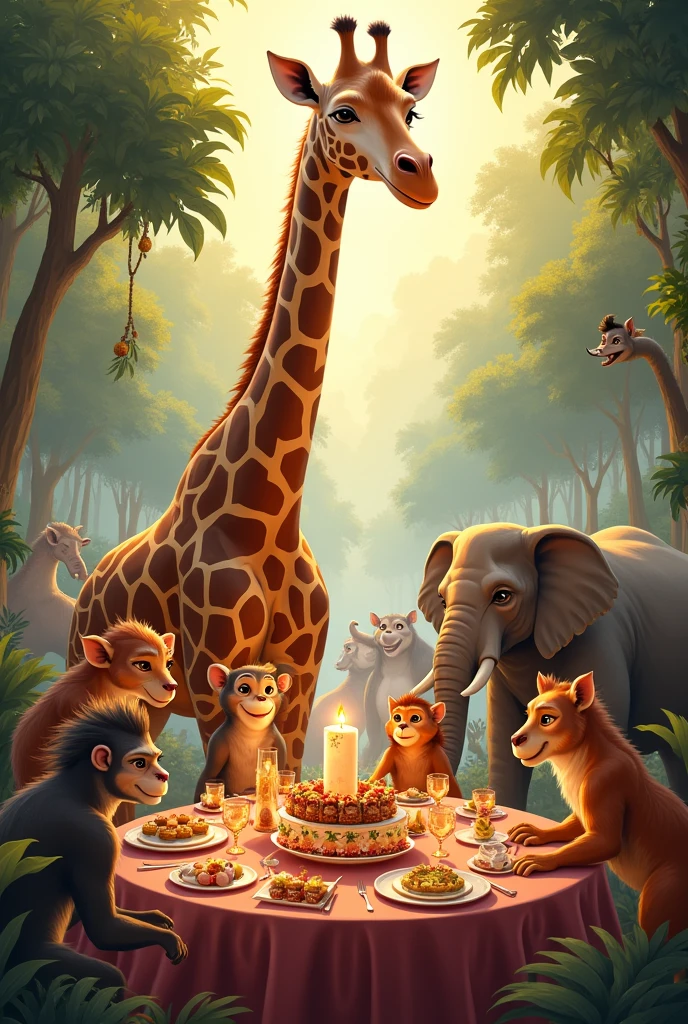 a meeting of the following animals giraffe, lobo, chimpace, Elephant, leopard, Raccoon, Crocodile, hyena, tea, squirrel, Koala, deer and wild boar