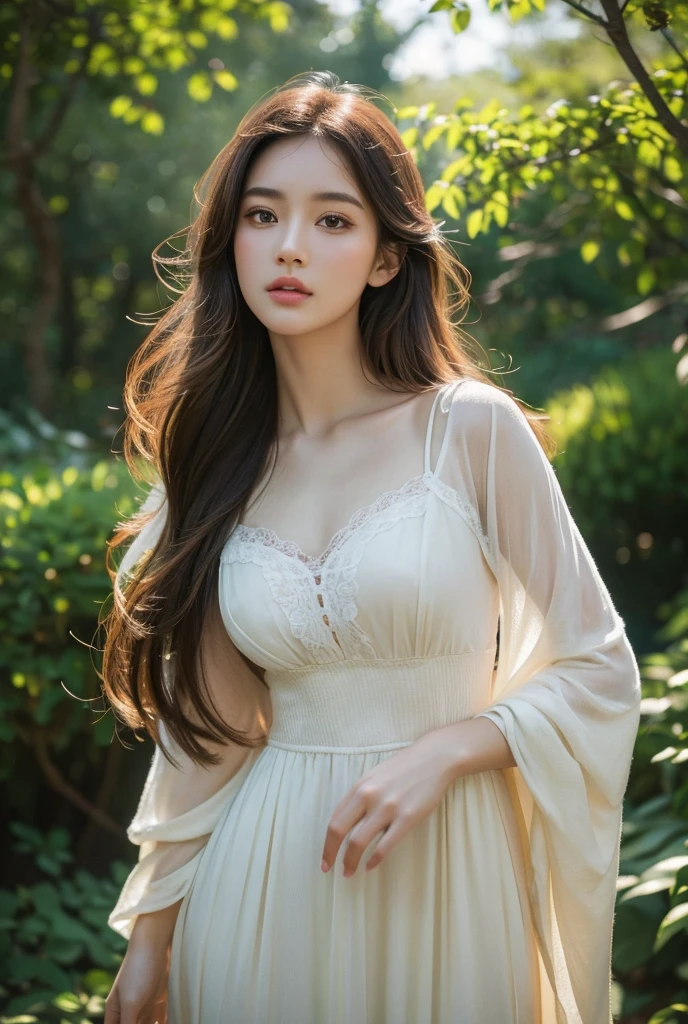 (((best quality))),(((ultra detailed))),(((masterpiece))),illustration,((1 beautiful young girl,solo)),((long flowing hair,bangs)),(big round face:1.3),((slim,thin)),((small breasts,flat chest)),((sparkling eyes, delicate features, soft smile)), (flowing sundress:1.3), intricate patterns, light airy fabric, fair skin, healthy glow,fixed gaze, horizon,(slender legs:1.2),(standing:1.2),wind, tousled hair, harmonious blend, nature, spirit, beauty confidence, strength, lush garden, delicate flowers, vibrant spirit, warm glow, illuminating, captivating beauty, vibrant hues, resilient, airy fabric, dance around, gracefully, powerful force,((from front,upper body))
