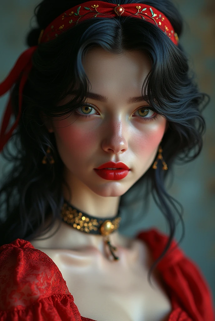 (masterpiece, photorealistic:1.4, extremely intricate:1.3), (photon mapping, radiosity, physically based rendering, ultra resolution, hyper-realistic, 8K), black hair updo goth girl, blackout eyeshadow, 19 age supermodel, high collar renaissance red lace dress, black lips, black collar, chains, bright blue eyes