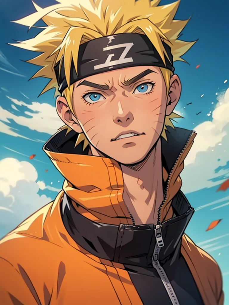 1male, Naruto Uzumaki, yellow short hairs, headband, orange and blue clothes,, anime style, japanese anime style, Kishimoto Japanese, blue eyes, 8K detailed portrait, masterpiece, best quality