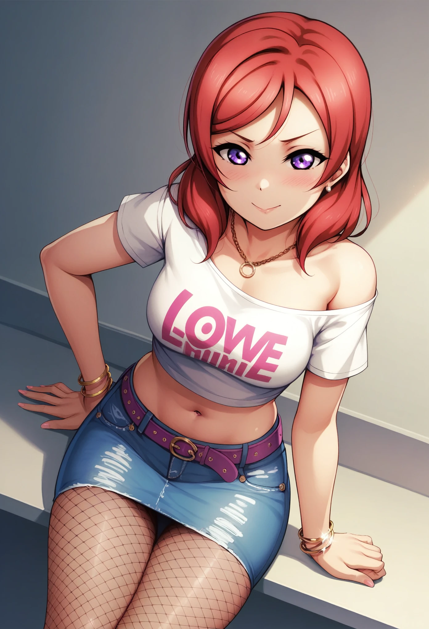 masterpiece, best quality,8k wallpaper, love live,nishikino maki love live,red hair ,medium hair ,purple eyes ,blushing ,brown off shoulder top , detached short sleeves ,black brea straps ,jeans pencil skirt ,belt ,brown fishnet pantyhose ,clothes writing ,black eye shadow ,bracelet,navel
 