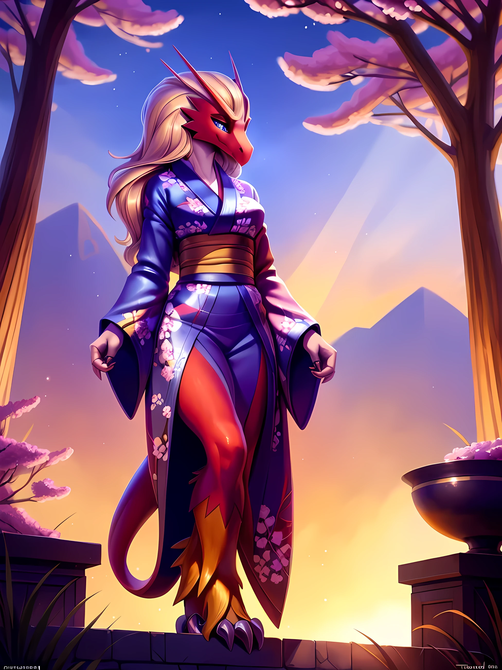 uploaded on e621, ((Blaziken)) by Pixelsketcher, by Bayard Wu, by Thomas Benjamin Kennington , by Einshelm, anthro, ((portrait)), BREAK, ((kimono:1.2)), wearing a kimono, long flowing kimono, red kimono, fire design on kimono, full body kimono)), (detailed Bonifasko lighting), (detailed feathers), (detailed fur), (female Salazzle), BREAK, ((long flowing hair)), ((facing viewer)), (cinematic lighting), ((detailed background)), ((full body portrait view)), (((full body view))), (half body shadow), [backlighting], [crepuscular ray], [detailed ambient light], [gray natural lighting], [ambient light on the belly], (higher wildlife feral detail), [sharp focus], (shaded), ((masterpiece), medium breasts, furry Blaziken, bird face, furry Fantasy Art, furry Art, Commission for High Res, anthro Art, POV furry Art,Sakimichan beautiful, masterpiece, best quality, detailed image, bright colors, detailed face, perfect lighting, perfect shadows, perfect eyes, girl focus, blue eyes, flawless face, face focus, long flowing kimono, bird girl, feathers, feathers woman, large long muzzle, colorful feathers, gaze at the viewer, half-closed eyes, 1girl, full body, (masterpiece:1.21), (best quality:1.2), (illustration:1.2), (cinematic lighting:1.3), detailed fur, balanced coloring, global illumination, ray tracing, good lighting, feathers, anthro, looking at viewer, (standing outside, in garden, cherry blossoms, woman looking at viewer, woman looking at camera, fire in open hands, in a fighting pose, wearing red kimono