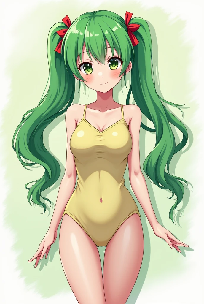 Anime style girl green hair green eyes and green bikini white background