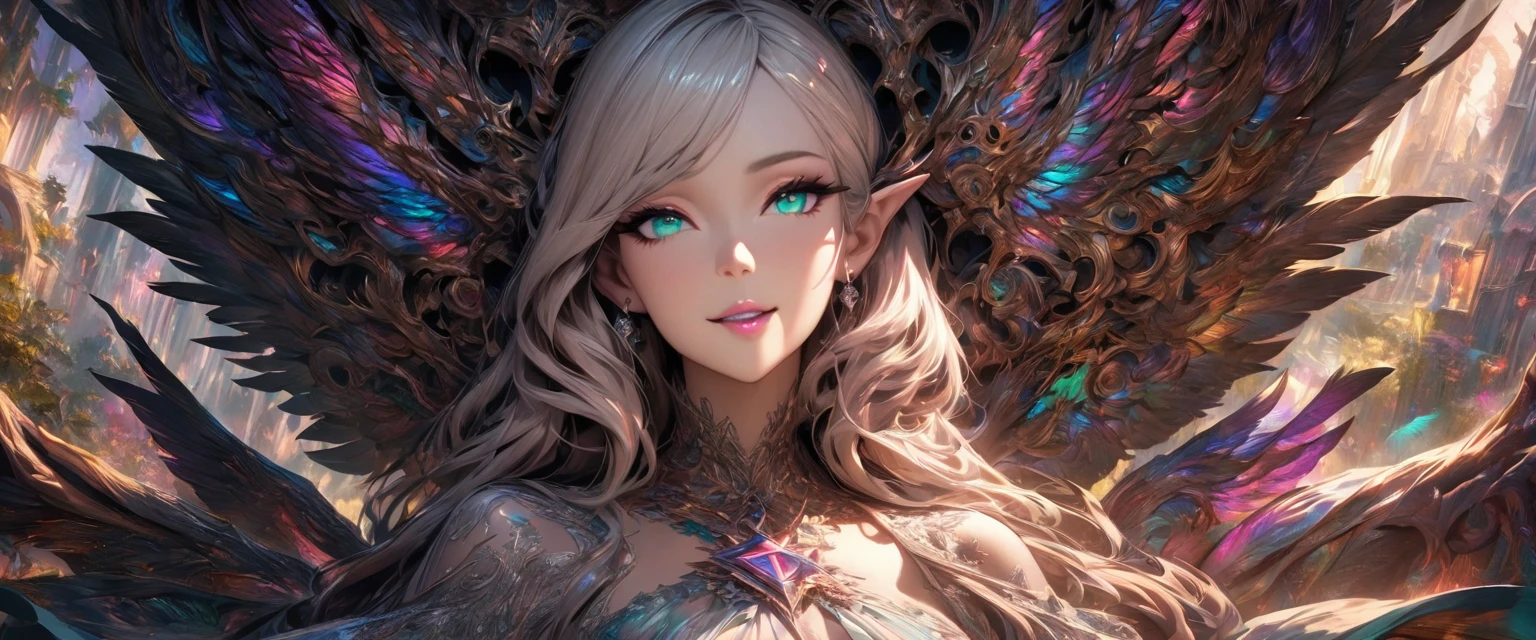((((masterpiece, best quality, high resolution)))), Extremely detailed 8K, Beautiful lady with slender body, (Ultra HD, Ultra-detailed, Highly detailed, Highly realistic, Ultra-realistic, photograph realistic), (1girl:1.5),((Realistic shoulder-length silver hair),  , (dynamic poses), facing side, light smile, parted lips, purple eyes, (huge breasts: 1.2), cleavage, (beautiful detailed face, beautiful detailed eyes), wearing a.blue corset,,fantasy forest scenery, colourful, night light, night time,Very detailed illustration of an a beautiful Extremely cute elves race face with ((coy smile)), asymmetrical bangs, insanely detailed face and eyes, Perfect lips, ((perfect body)), ((medium breast)),((fantasy princess attire 1:1))