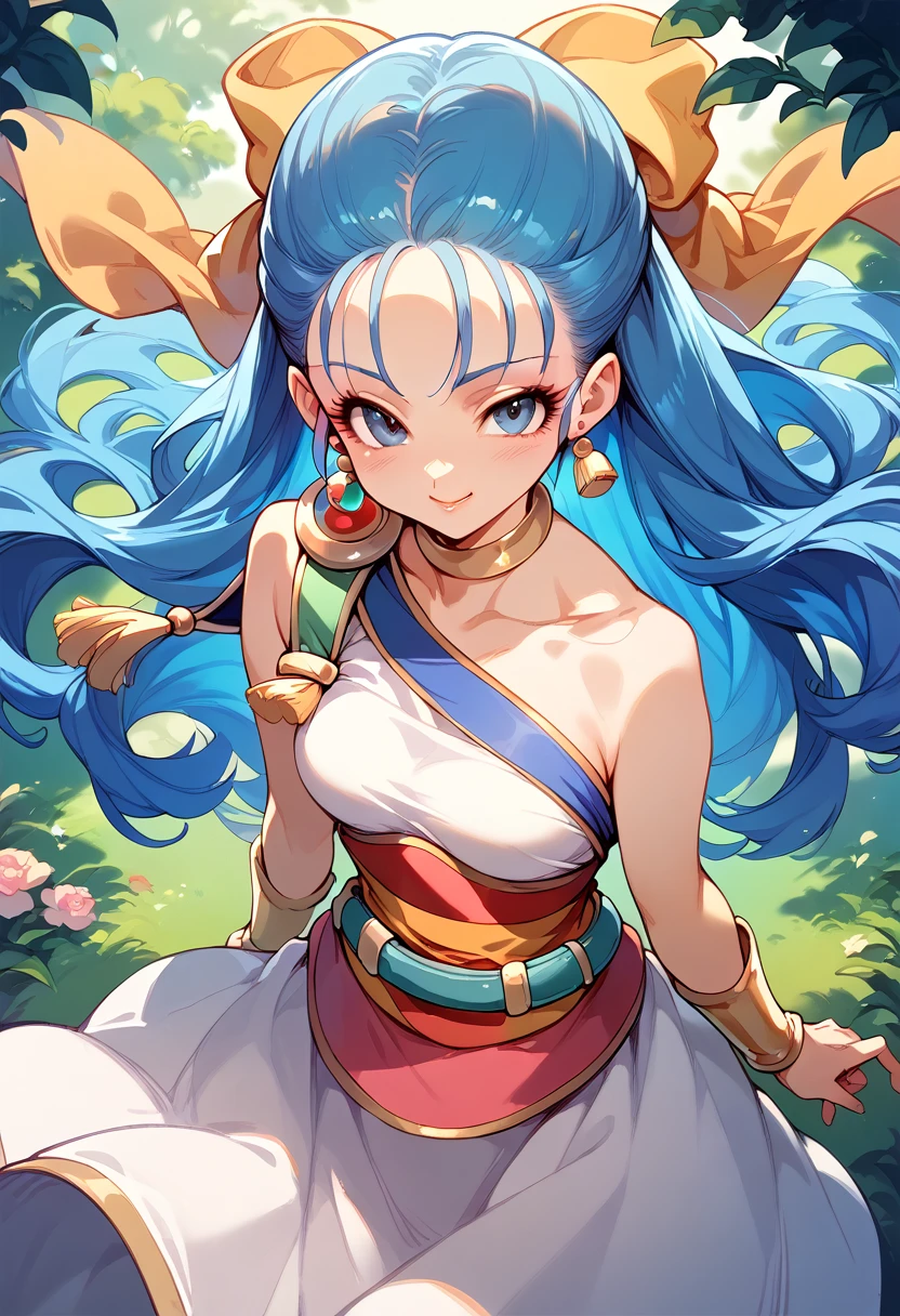 masterpiece,High resolution,Highest quality,8k
(Dragon Quest,Nera Briscoletti)
( female,Blue long hair)
(ribbon,White long dress,sash,Shoulder Bare)
Naughty face