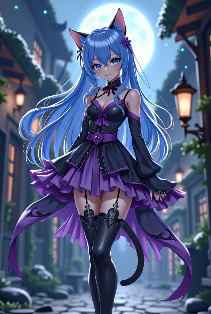 1girl, Short, black tiara with thorns, emotionless, purple dress with mini skirt, full body, large thighs, long blue hair, top blue hair, lower red hair, blue fox ears, scorpion tail, big bust, gray eyes, gray pupils, standing, room, scanned, , Hedda Sterne