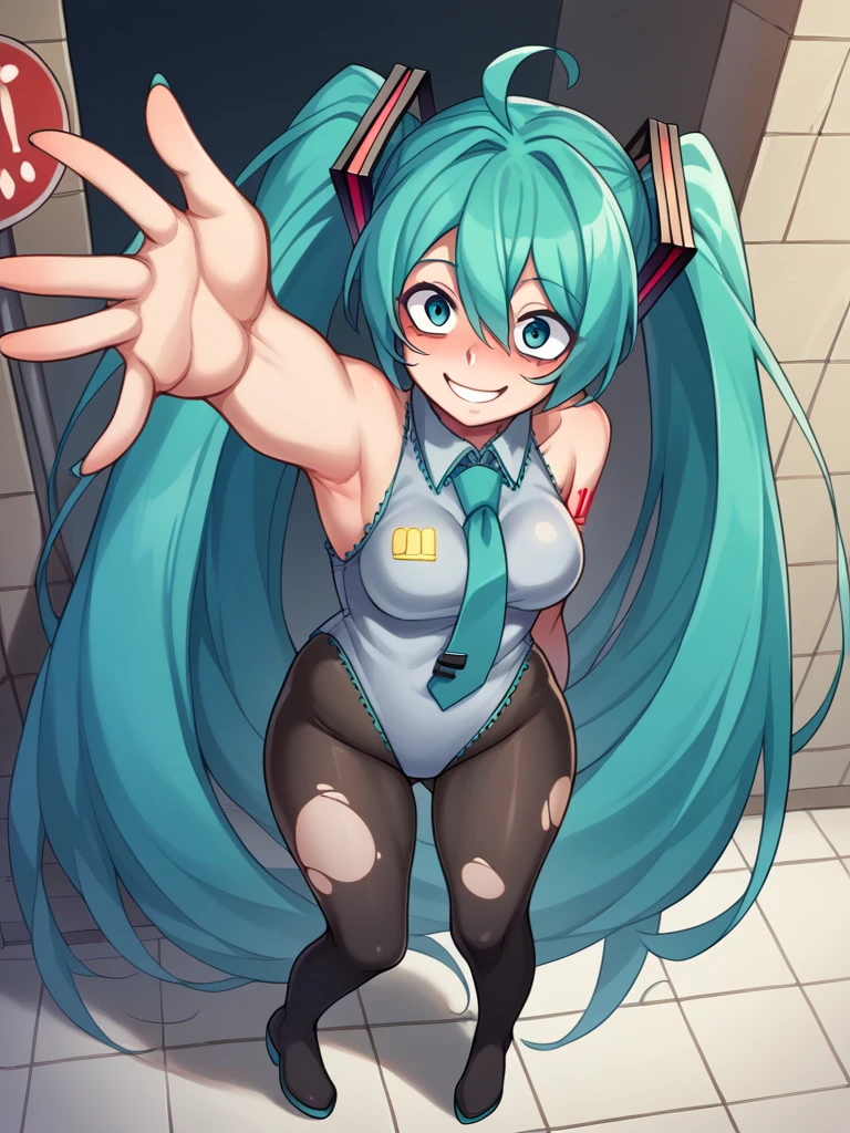 punctuation_9, punctuation_8_High above, punctuation_7_High above, punctuation_6_High above, punctuation_5_High above,    raichiyo33, 1 girl, hatsune miku,showing the whole body, highest quallity、high resolution、nice legs, detailed back ground、Beautiful face in every detail、Detailed facial expressions、Beautiful women in their 20s、Breasts huge、colourful hair、long hair、wavy hairstyle、beautiful eye makeup、Cute lip makeup、perfect body line、attractive jacket、natta、深natta、
(A beautiful woman with a big smile, with a uniquely designed building in the background:1.5)、 
Holographic Laser Rubber Suit、The zipper opens completely and her breasts bounce.、sleeveless、Accentuate your neckline、
Medium angle close-up highlighting the lower body、Super close-up directly、Sexy high leg、Super detailed rubber suit、show me your armpits、Very beauthful, torn pantyhose, thick-thighs
