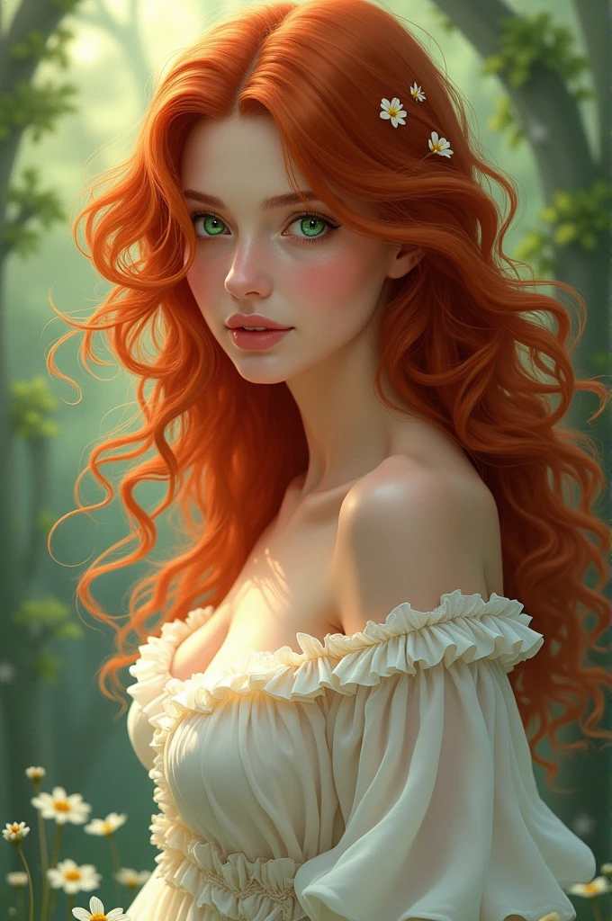 Best quality, Masterpiece, (Realistic: 1.2), 1 girl, Slim girl, Red hair, Brown eyes, Front, Detailed face, Beautiful eyes, Brown eyes, Big eyes, Small breasts, cleavage, Long dress