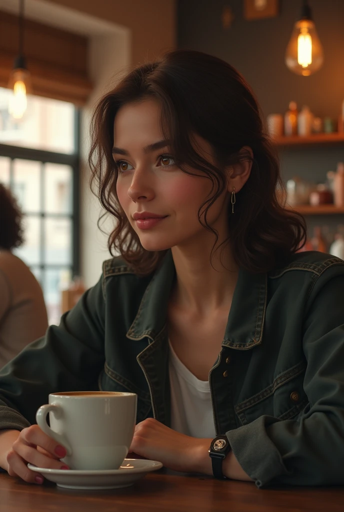 <lora:loganpolish_sdxl:1>  loganpolish,  a close up portrait photo of 26 y.o woman, Wavy Short Hairstyle ,   pale skin, detailed skin, tan, (freckles:.5), sitting, face closeup, 70s clothing, vintage coffee shop,  chiaroscuro lighting, eye level, shot on large format, Fujicolor Pro, bokeh, in style of Miles Aldridge