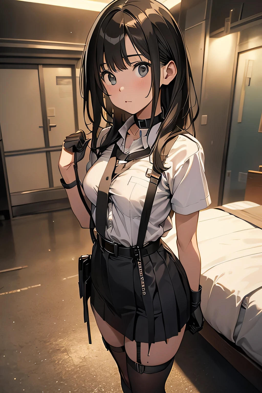 high quality, masterpiece, Ultra-high resolution, (Realism: 1.4), Oil painting style, Cinema Lighting, , I stood on the empty asphalt road and looked at it.., And suspenders with flying cranes Large Breasts Small face holster Lying in bed look up Sweat belt buzzer 脇Sweat Black Hole Gloves suit mini skirt garterbelt Leg Links Belt on trousers holster fold your hands behind your back Anxious expression look up Anxious face Knee-length Knee socks Knee-length socks garter belt garter Garterbelt on thighs, hands behind back Constraints handcuffs Cable ties Cable ties on thumbs