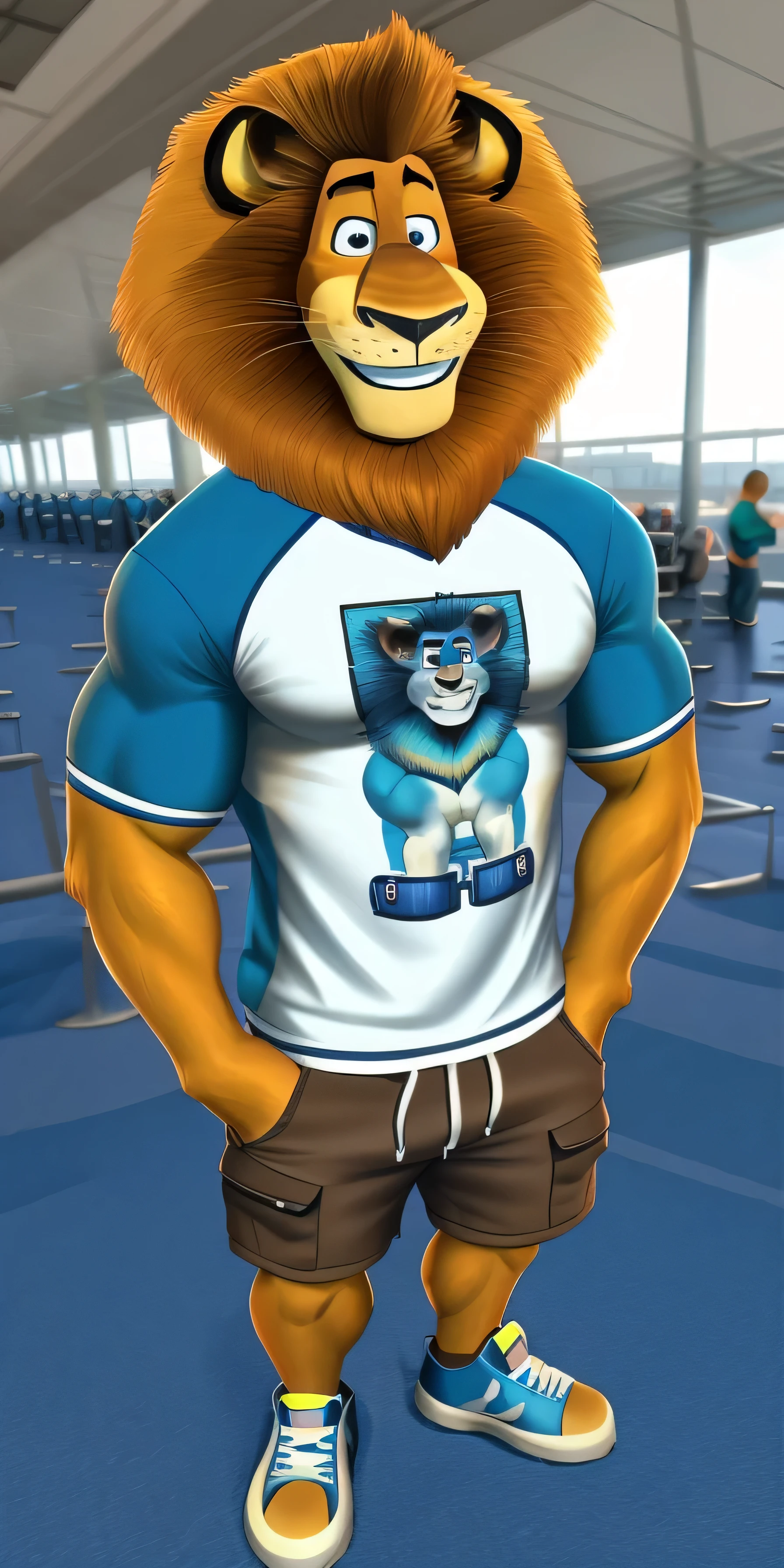 Alex the Lion, muscular body, big biceps, extremely beautiful and cute face, perfectly detailed blue eyes with perfectly detailed pupils, wears cyan sweatshirt, denim cargo shorts, blue sneakers, elevator background, selfie, friendly look, smile