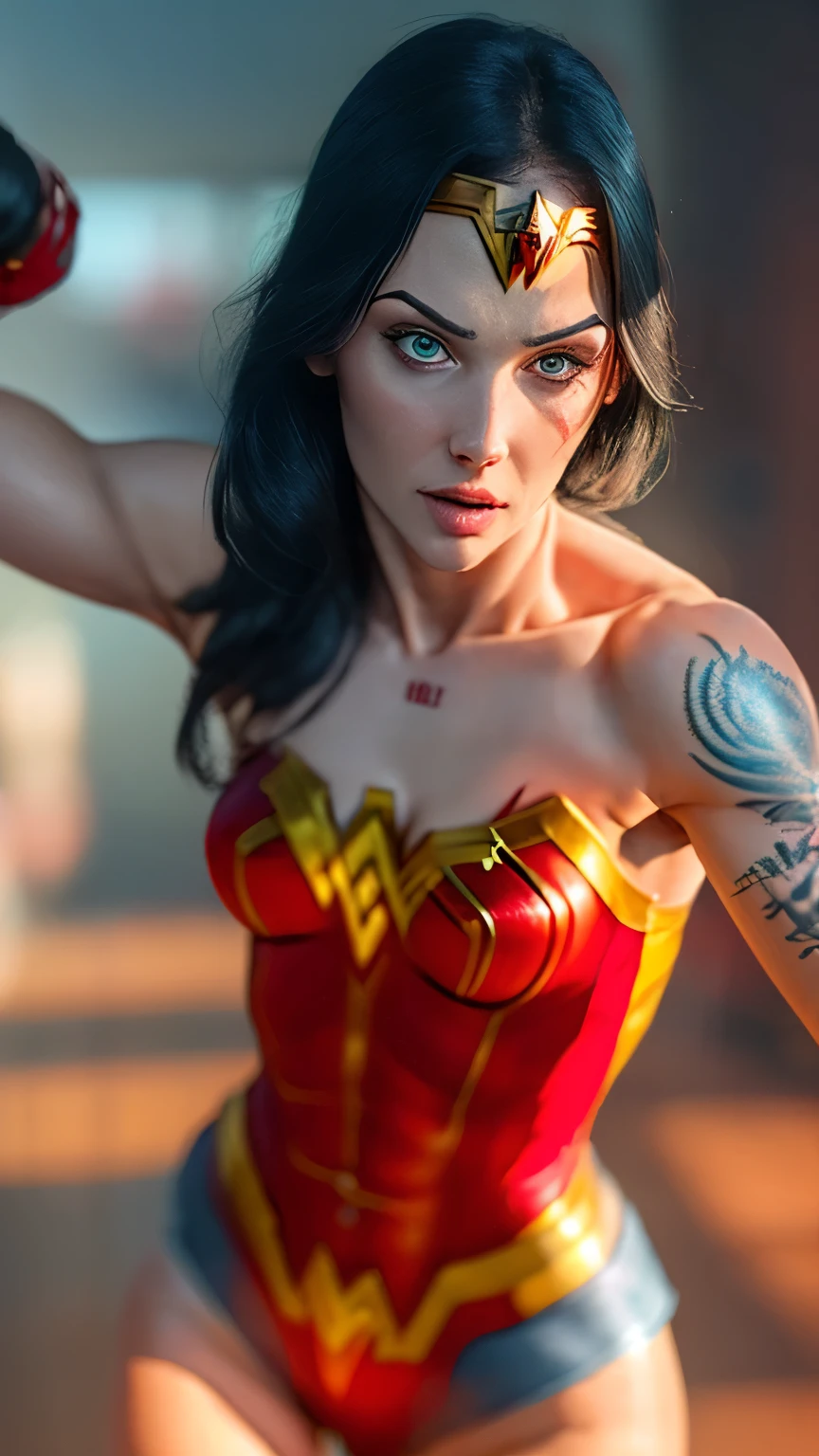 Sexy hot young girl, (( cosplay of Wonder woman in fight pose)), sexy, ((Full tattooed arm)). portrait raw photography ,hyper realistic , (((detailed face, wflame face))), skin Textures, intricate, realistic skin texture, Hot body, athletic body, Brazilian girl, tattooed girl, wearing a little sexy clothes. natural lighting. (((Dystopic abandoned background, fire, Flames))). Cinematic lighting.